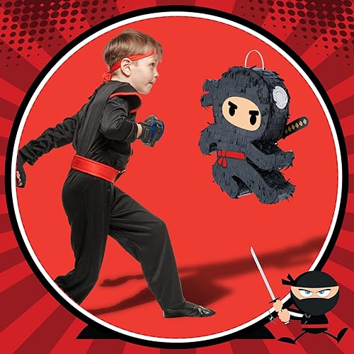 Miniatura 2 de Karate Ninja Pinata Ninja - Suministros de fiesta de cumpleaños con confeti de palo de piñata y venda para ojos, decoración de fiesta de cumpleaños