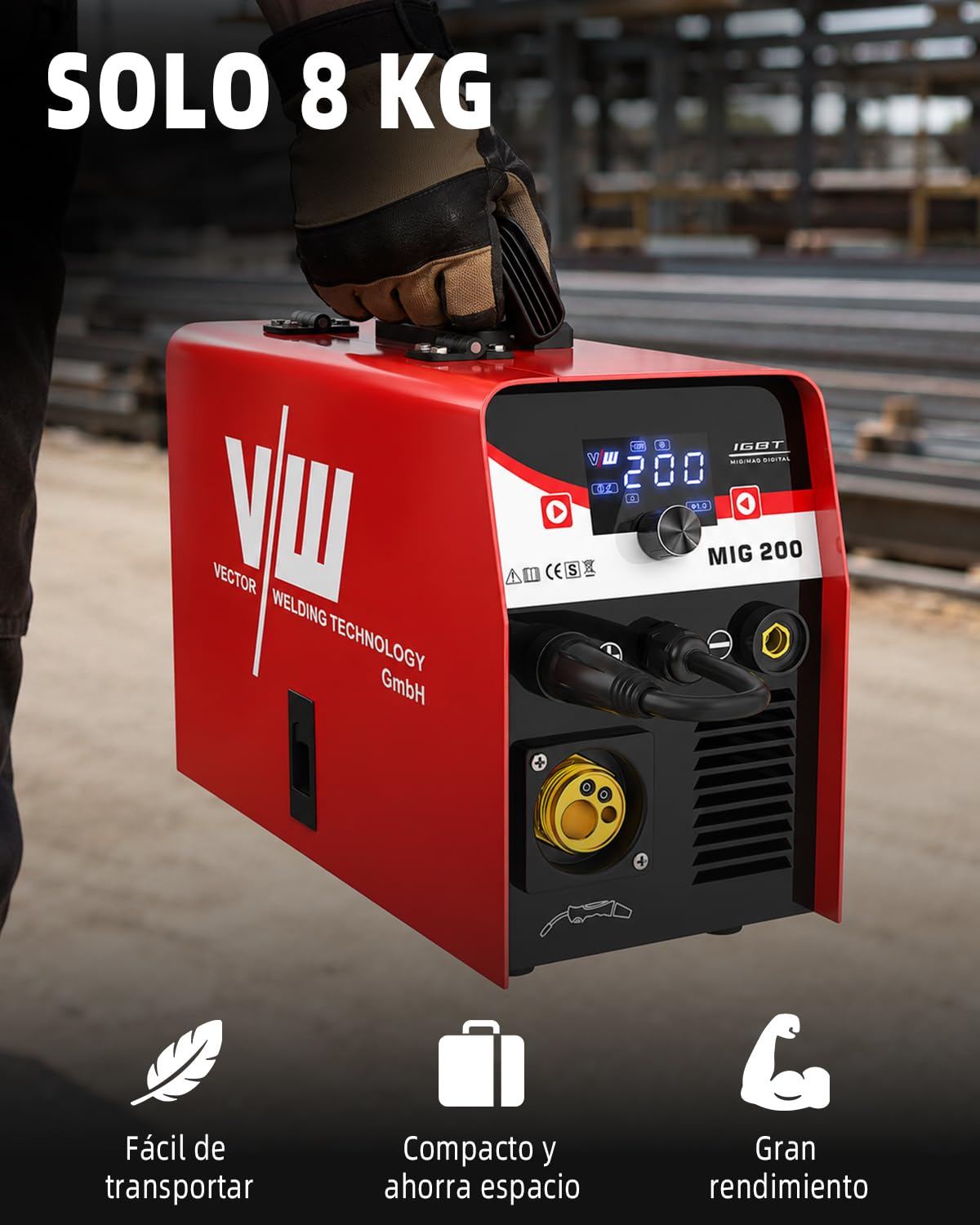 VECTOR WELDING Soldador MIG MAG 200A, Soldador de Hilo Inverter 4 en 1 | Gas MIG/Flux/MMA/Lift-TIG, Máquina de Soldar con Pantalla LED, MCU, IGBT, para Soldar con y sin Gas