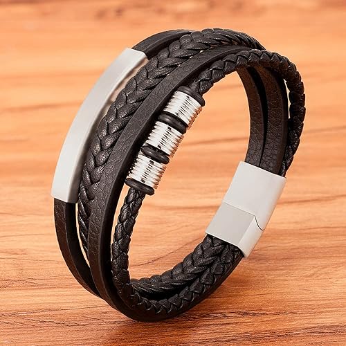 Miniatura 4 de Hoigblxy Stainless Steel Handmade Leather Bracelet For Men Magnetic Clasp Classic Multi-layer Men Leather Bracelet Jewelry Gift Length 8.26 inch