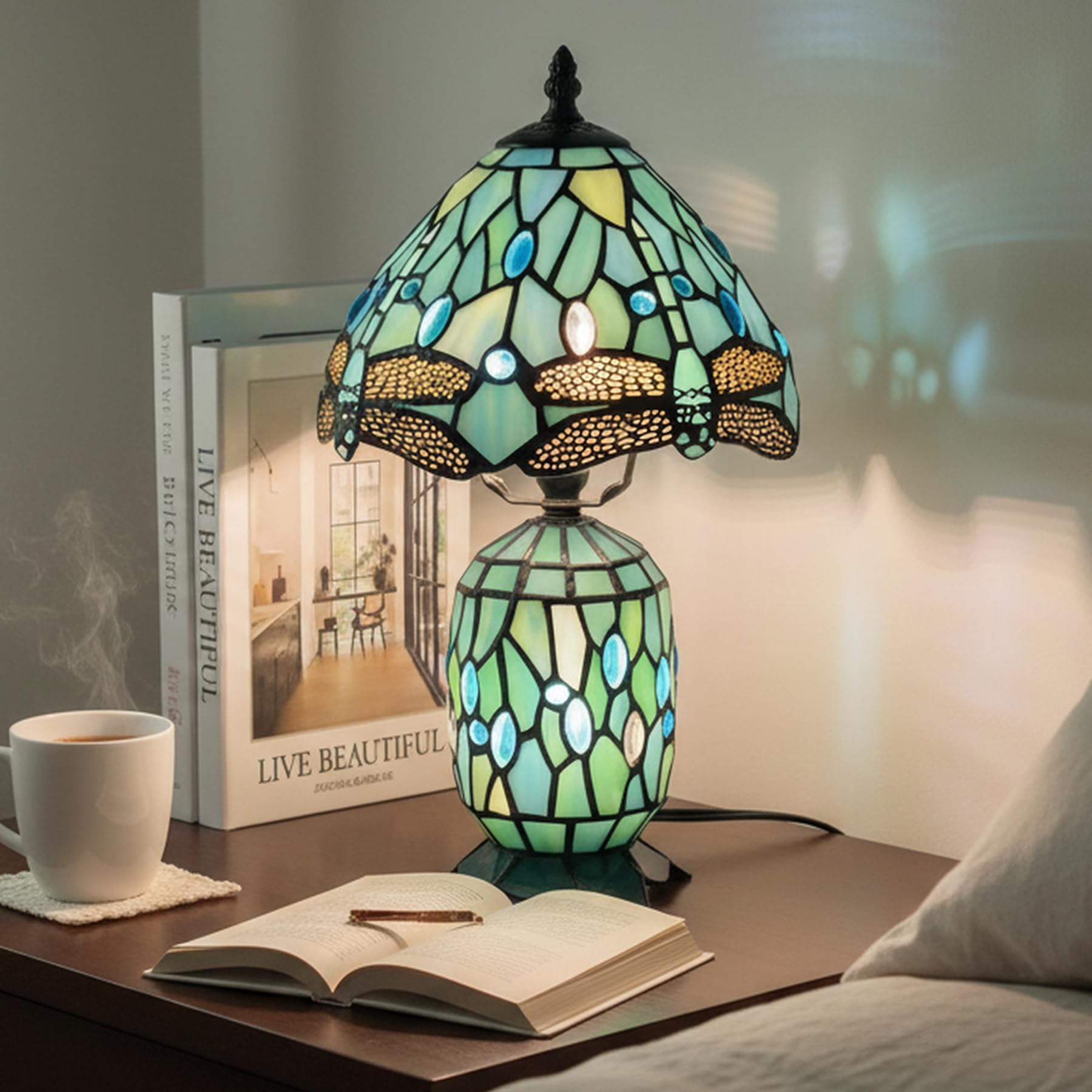TCODTPOL Tiffany Stained Glass Table Lamp 8X14 Inches(Sea Blue Dragonfly)