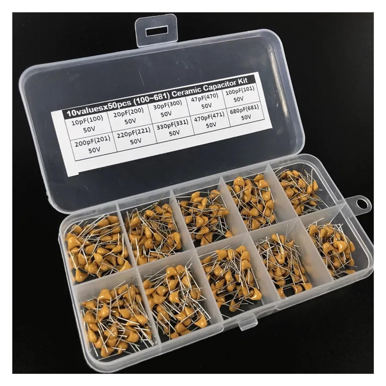 Kit surtido de 1500 condensadores cerámicos monolíticos multicapa de 30 valores x 50, 10 pF ~ 10 uF (100~106), con 3 cajas de almacenamiento.