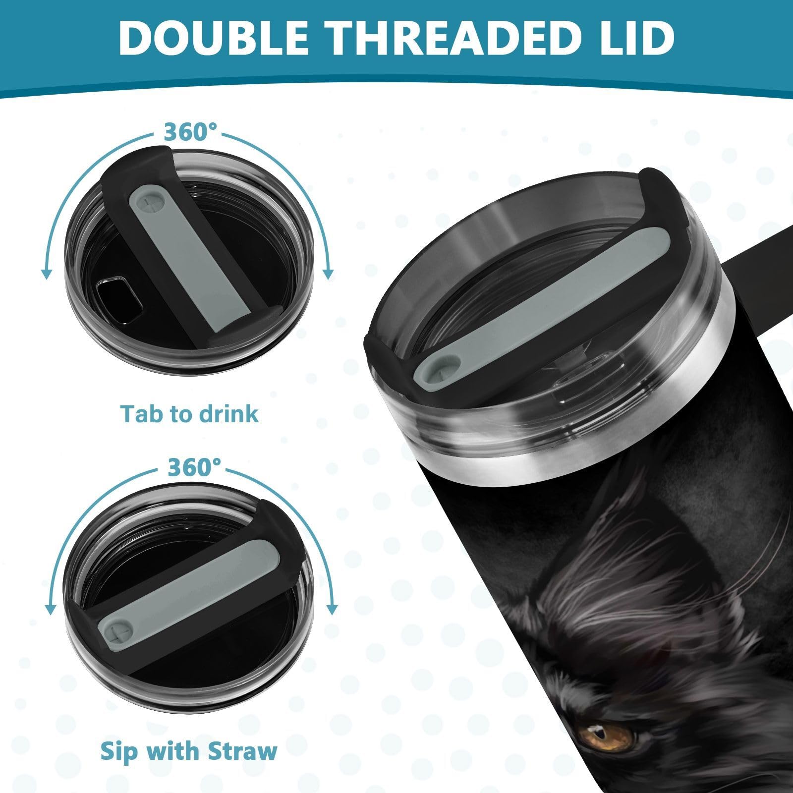 Isolierter Trinkbecher, schwarz, Maine Coon Katze, doppelwandig, Edelstahl, Wasserflasche, Kaffeetasse, Reisebecher mit Griff, Strohhalm-Deckel