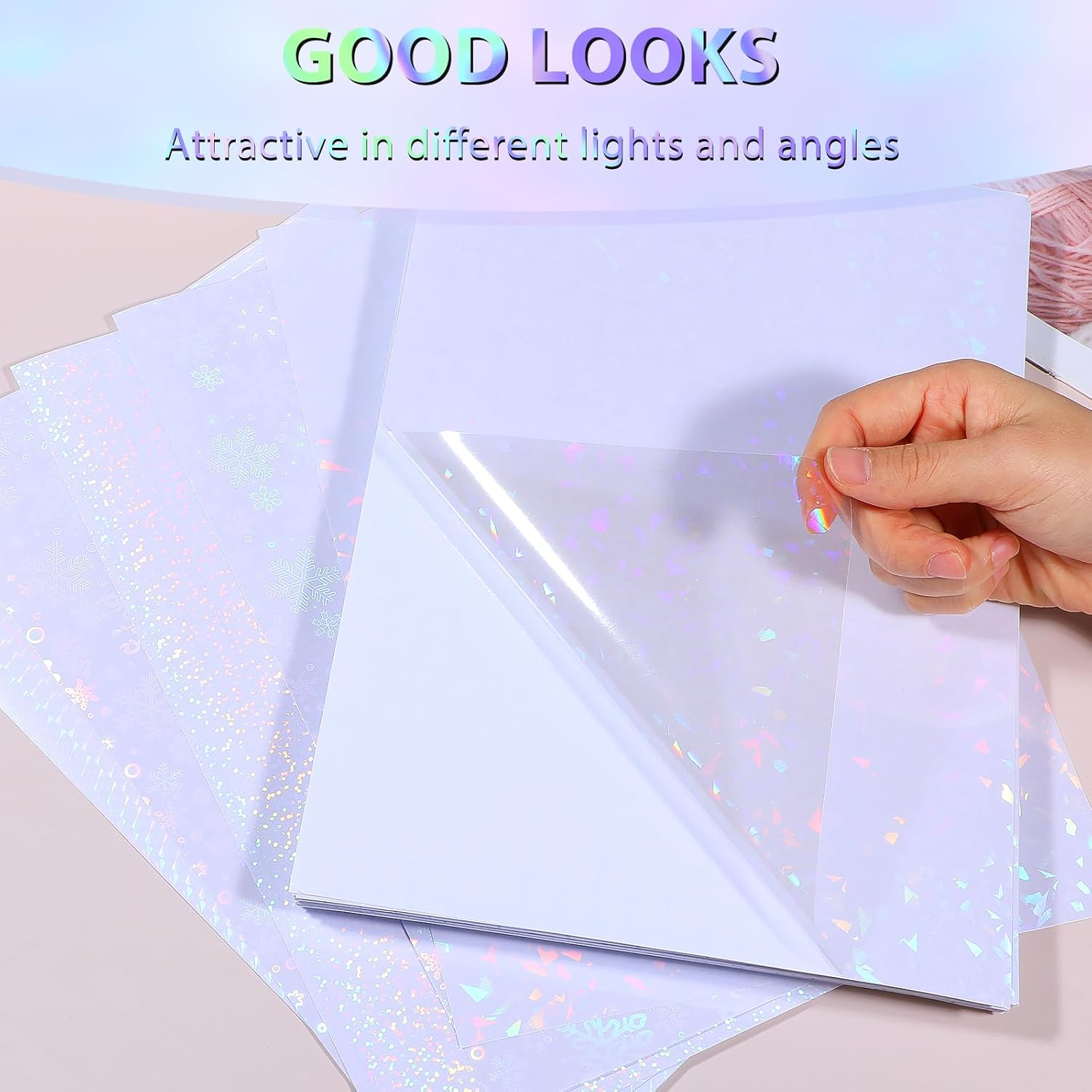 80 Sheets Holographic Sticker Paper, Transparent Holographic Vinyl Laminate Film, Clear Overlay Lamination Sticker Paper Self Adhesive Waterproof - Gem, Dot, Colorful, Star Patterns and So on