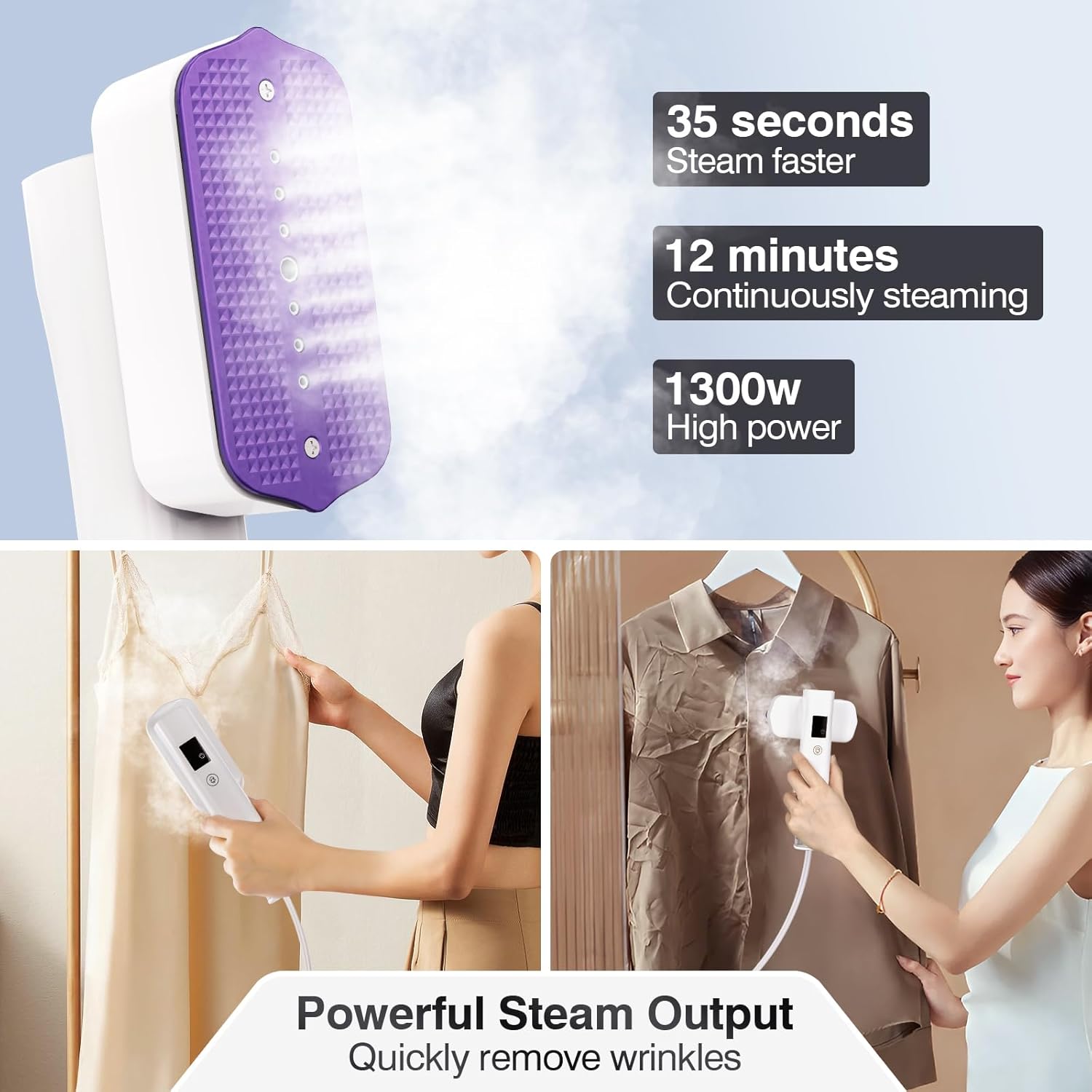Portable Clothes Steamer, 1300W, 1.54 lbs Light, 3 Steam Levels, 20 Min Continuous Steam, Powerful Wrinkle Removal for Travel, Office, Home (110-120V)
