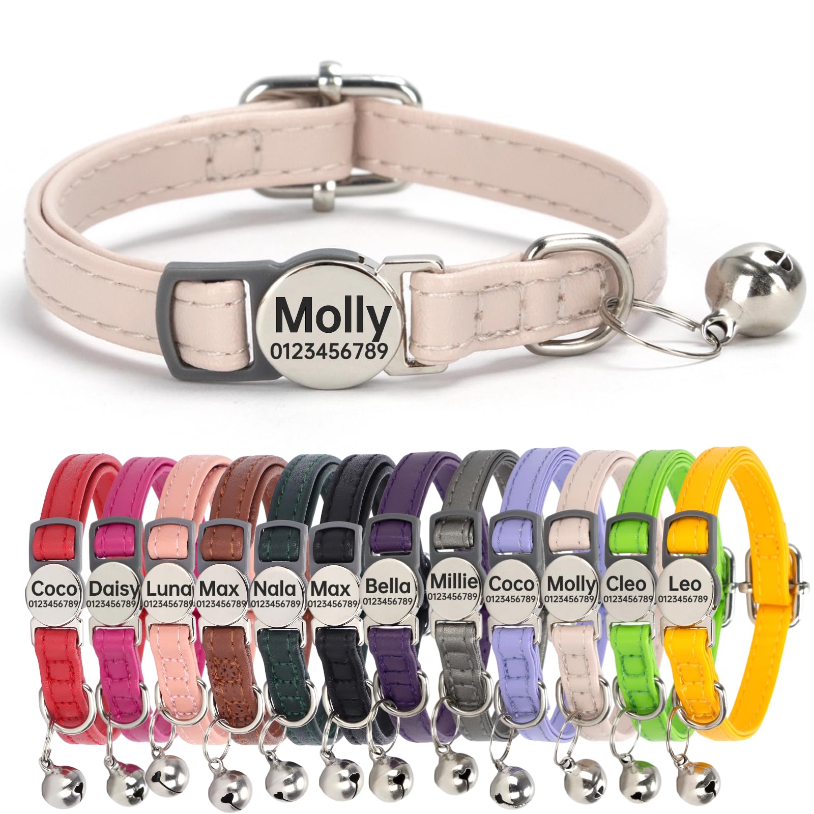 Genuine Leather Cat Collar Quick Release with Personalised Name Tag, breakaway Kitten Collars with Removable Bells & Safety Release, Engraved buckle, 19-30 CM Adjustable, (Cream Beige) — image 1