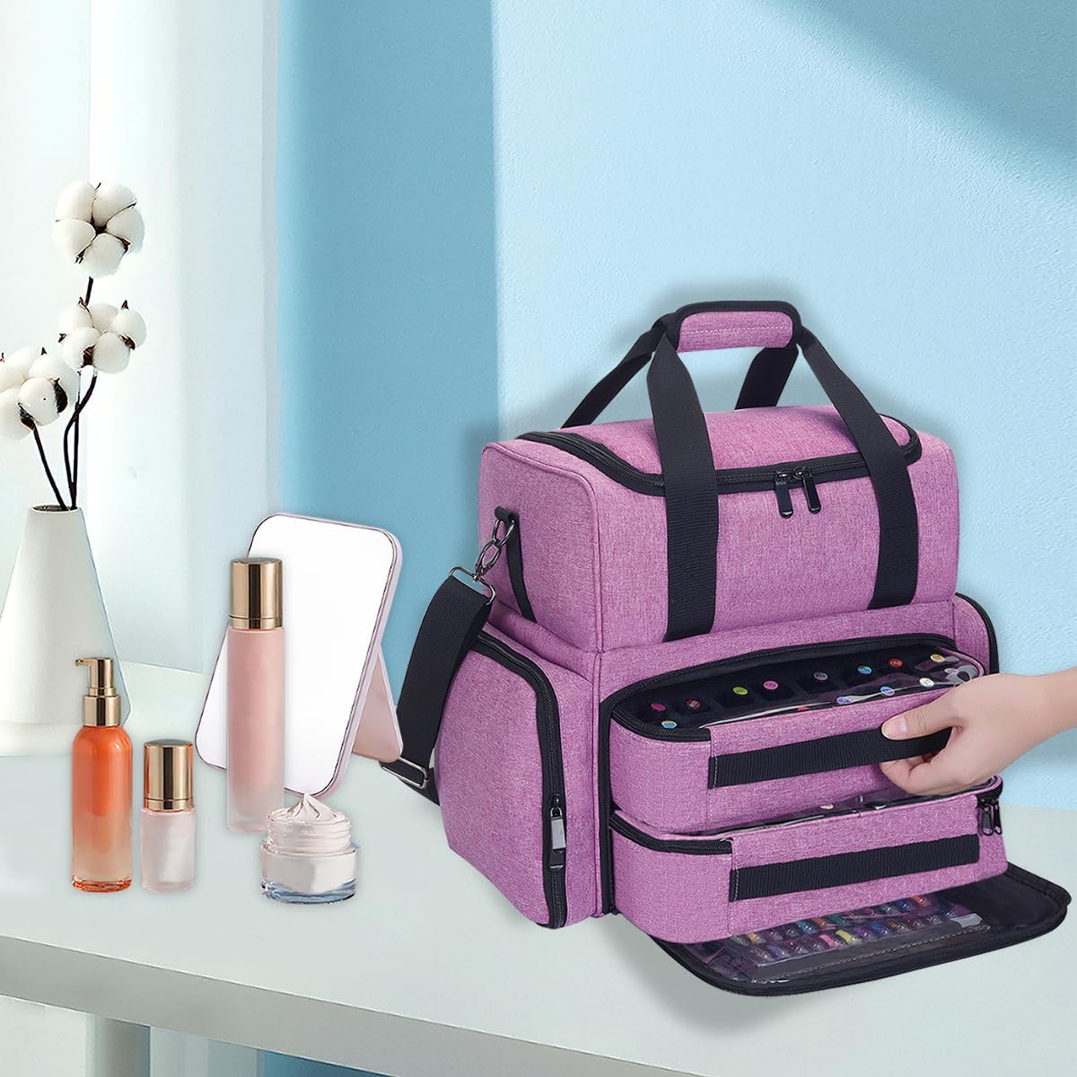 Large Makeup Bag with 2 Removable Case Multifunctional Cosmetic Bag Double Layer Travel Toiletry Organizer,Purple