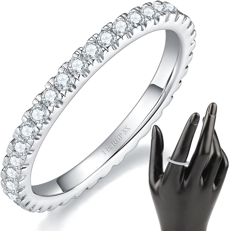 MINDDHA 14K Gold Plated- Cubic Zirconia Simulated Diamond Stackable Eternity Bands/Silver, Gold Rings for Women- 1.5mm, 2mm Stacking Rings for Oura Gen 4/Oura Gen 3, Size 4-12