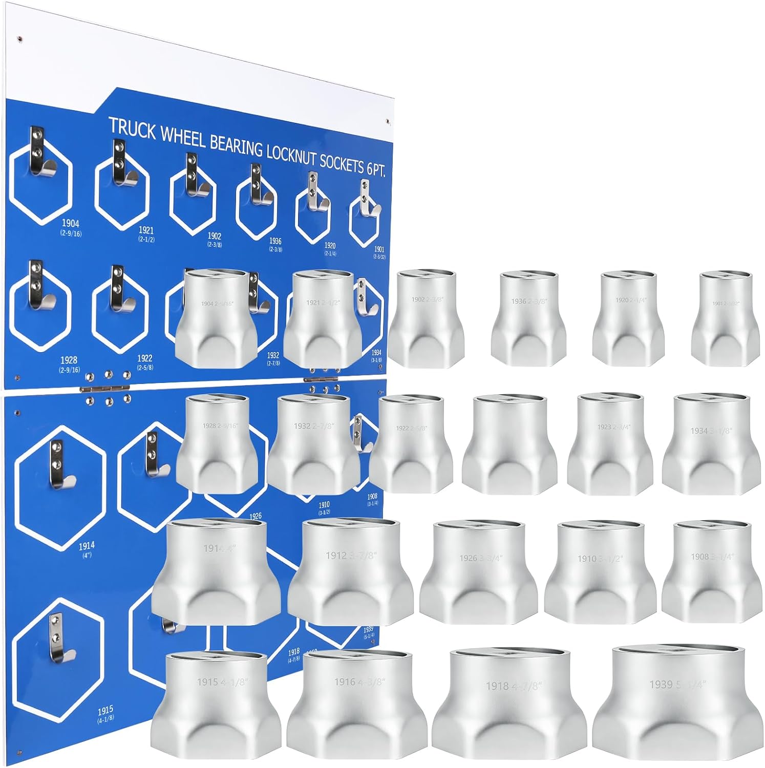 6-Point Truck Wheel Bearing Locknut Socket Set with Display Tool Board 9850, 3/4 inch Driver Axle Nut Socket Set Tools for Heavy Duty Truck 21 Pcs, High-Strength Steel