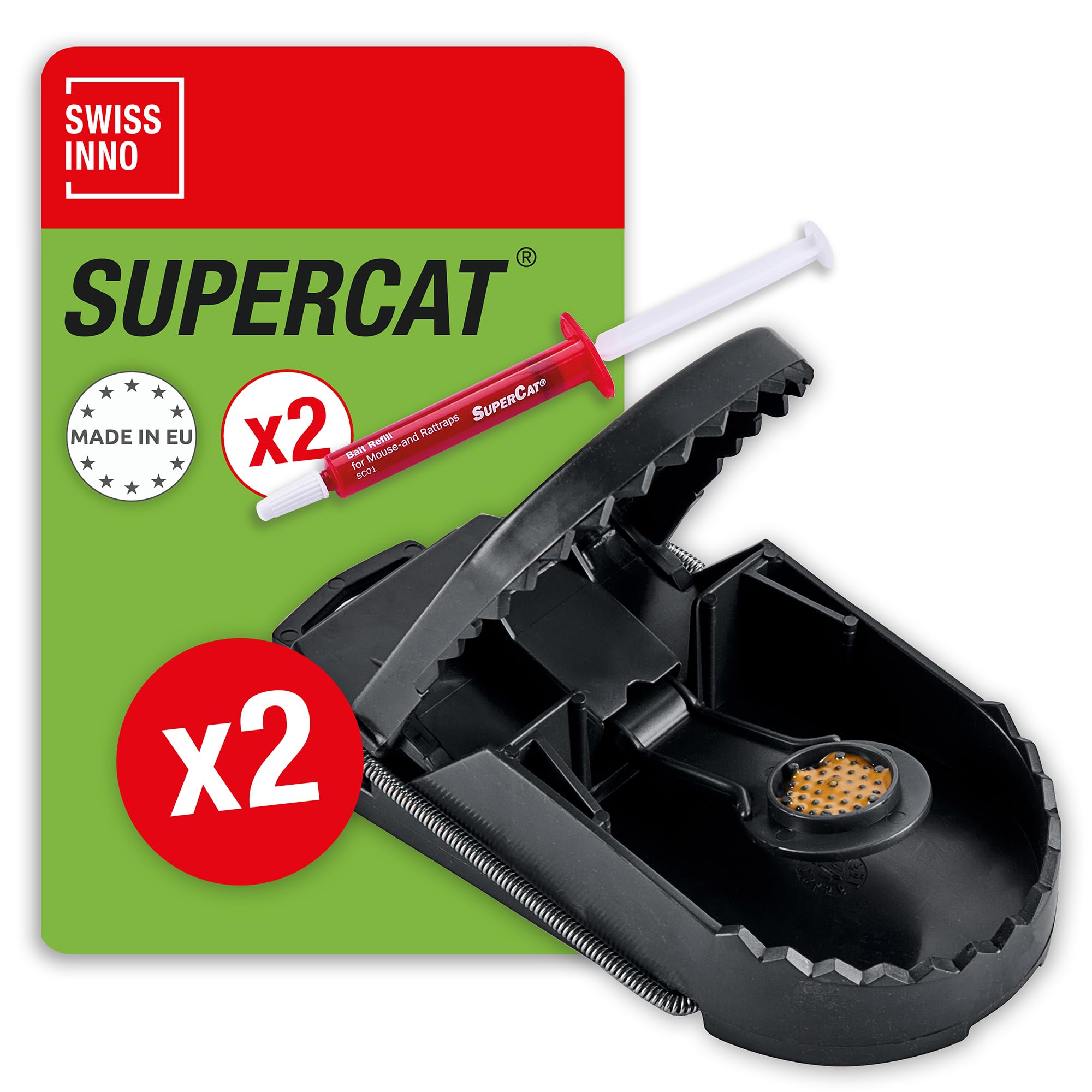 SWISSINNO Large Rat Trap SuperCat - Rat Traps That Kill Instantly - Reusable catcher with peanut butter bait - Indoor and outdoor use - Strong, hygienic and ready to use - 2 Units + 2 Bait syringes
