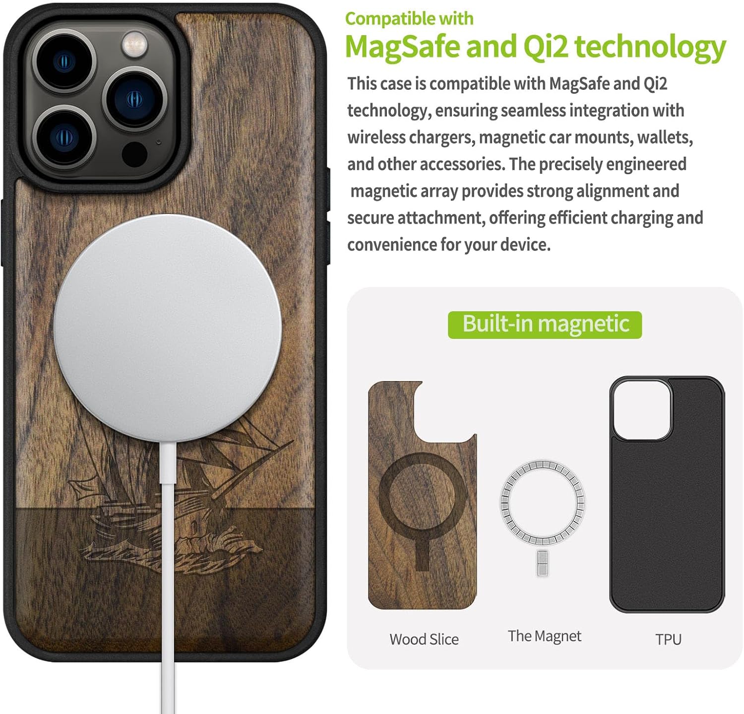Carveit Magnetic Wood Case for iPhone 14 Pro Max [Natural Wood & Black Soft TPU] Unique & Classy Wooden Shockproof Protective Cover Compatible with magsafe (Sailing Spirit -Walnut)