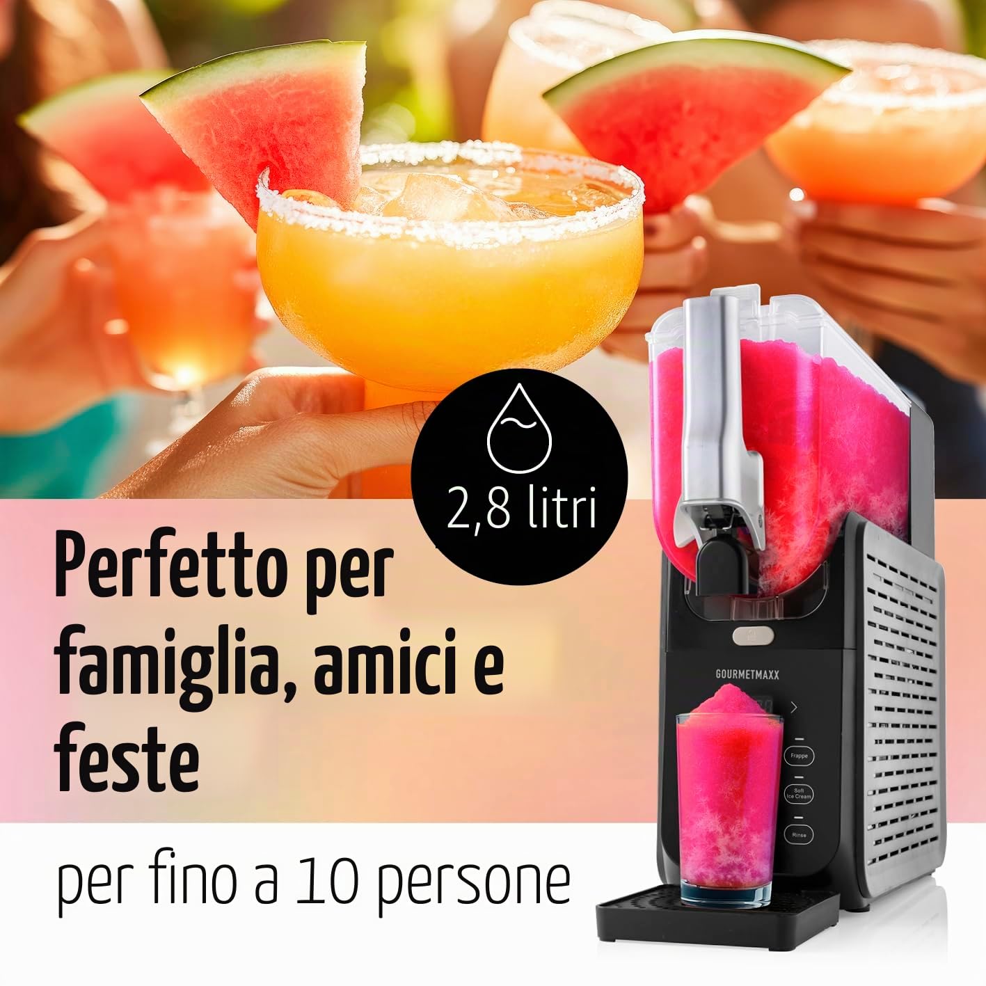 GOURMETmaxx FreezeUp Slush Eis Maschine | Slush Ice Maker con 5 modalità | Slushmaschine per Slushies, Milkshakes, Softeis ecc. | Slush Maker elettrico – 2,8 L | Macchina per ghiaccio Slush per fino a