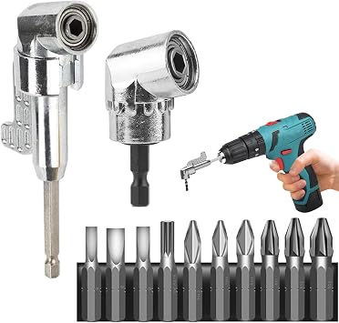 2PCS 90 105  1/4 InchDegree Drill Adapter with Hex Shank Screwdriver, Right Angle Screwdriver Adaptor for Power Drill Tool and 10pcs Screwsriver Bits