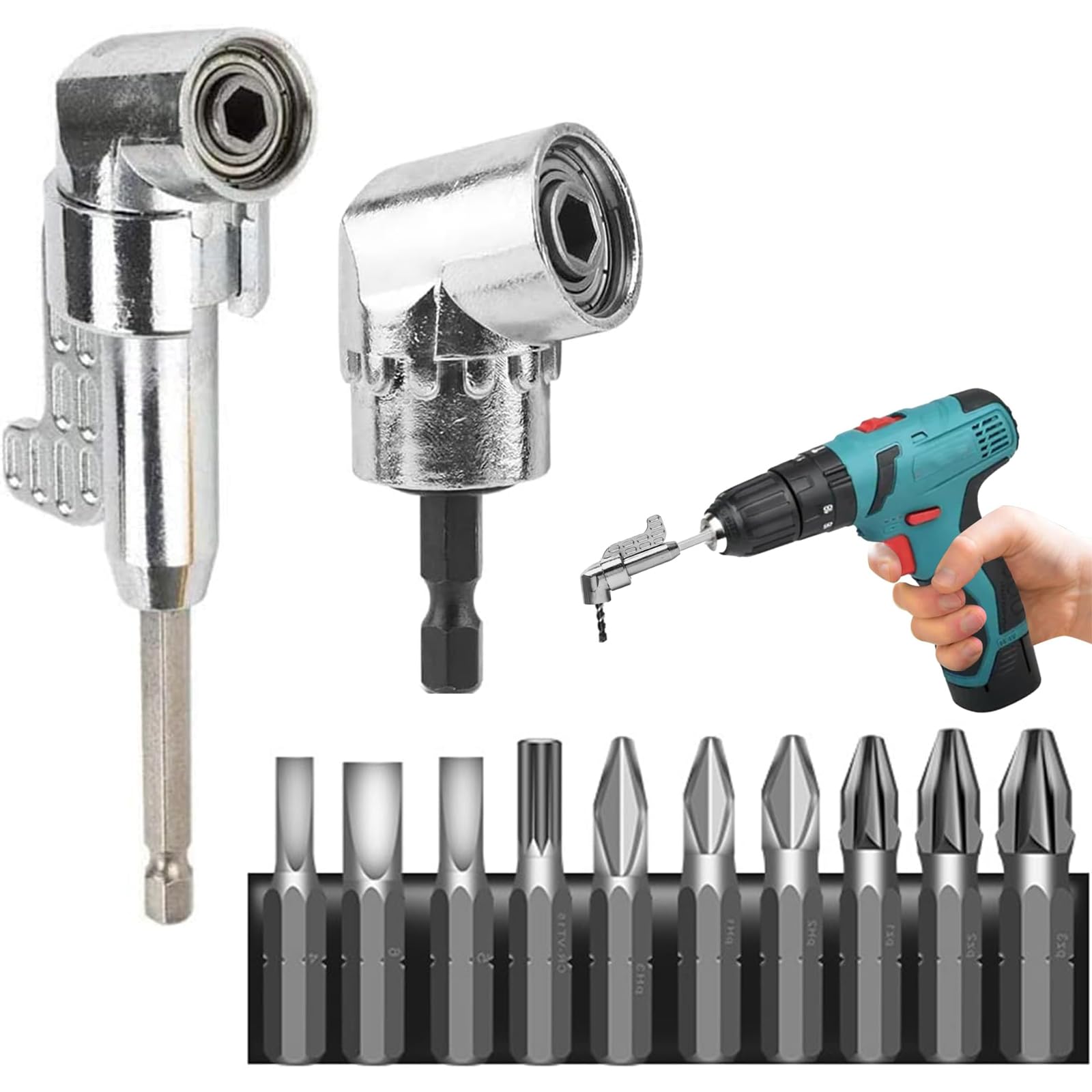 2PCS 90 105° 1/4 InchDegree Drill Adapter with Hex Shank Screwdriver, Right Angle Screwdriver Adaptor for Power Drill Tool and 10pcs Screwsriver Bits
