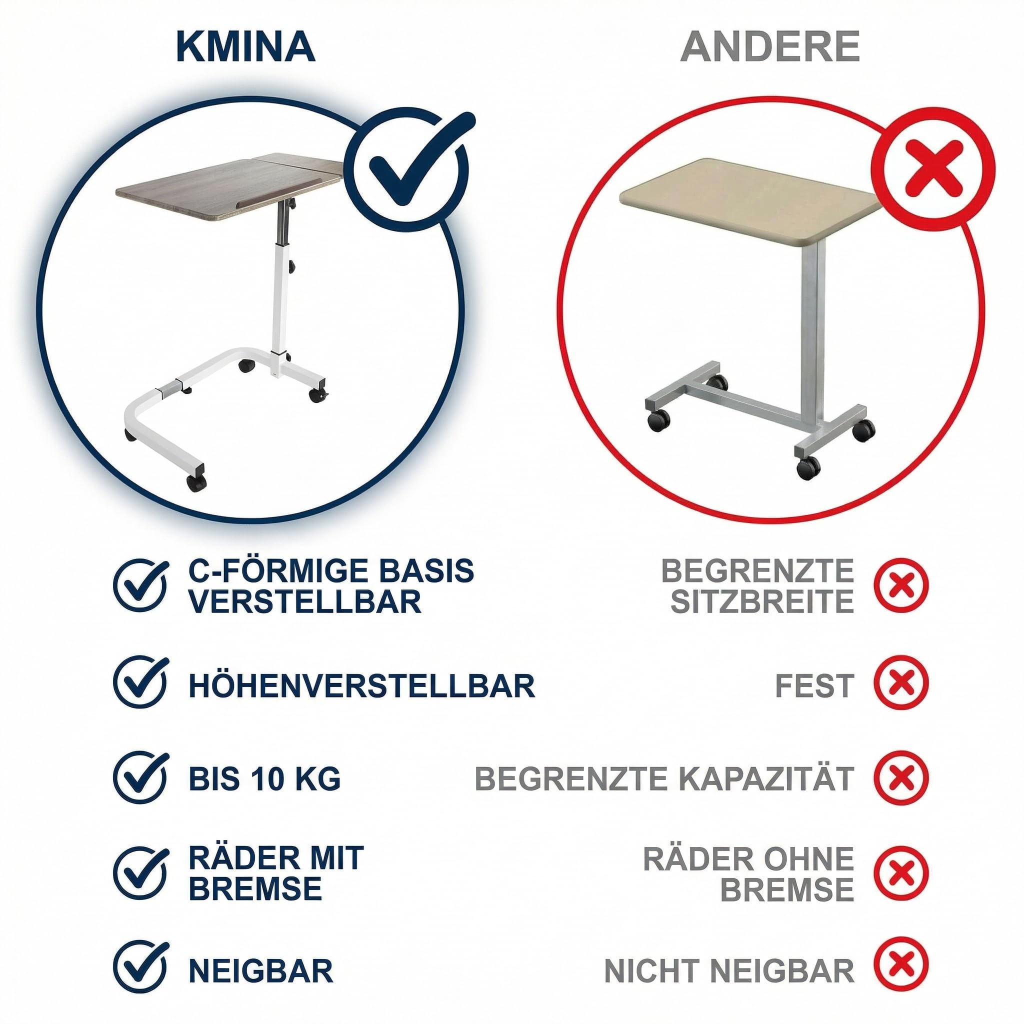 KMINA Betttisch auf Rollen höhenverstellbar, Beistelltisch neigbar, Holz | Krankentisch für Pflegebett, Laptoptisch für Senioren, Höhe 70 bis 102 cm, Innenbreite 54,5 bis 73,5 cm, Tragkraft 10 kg