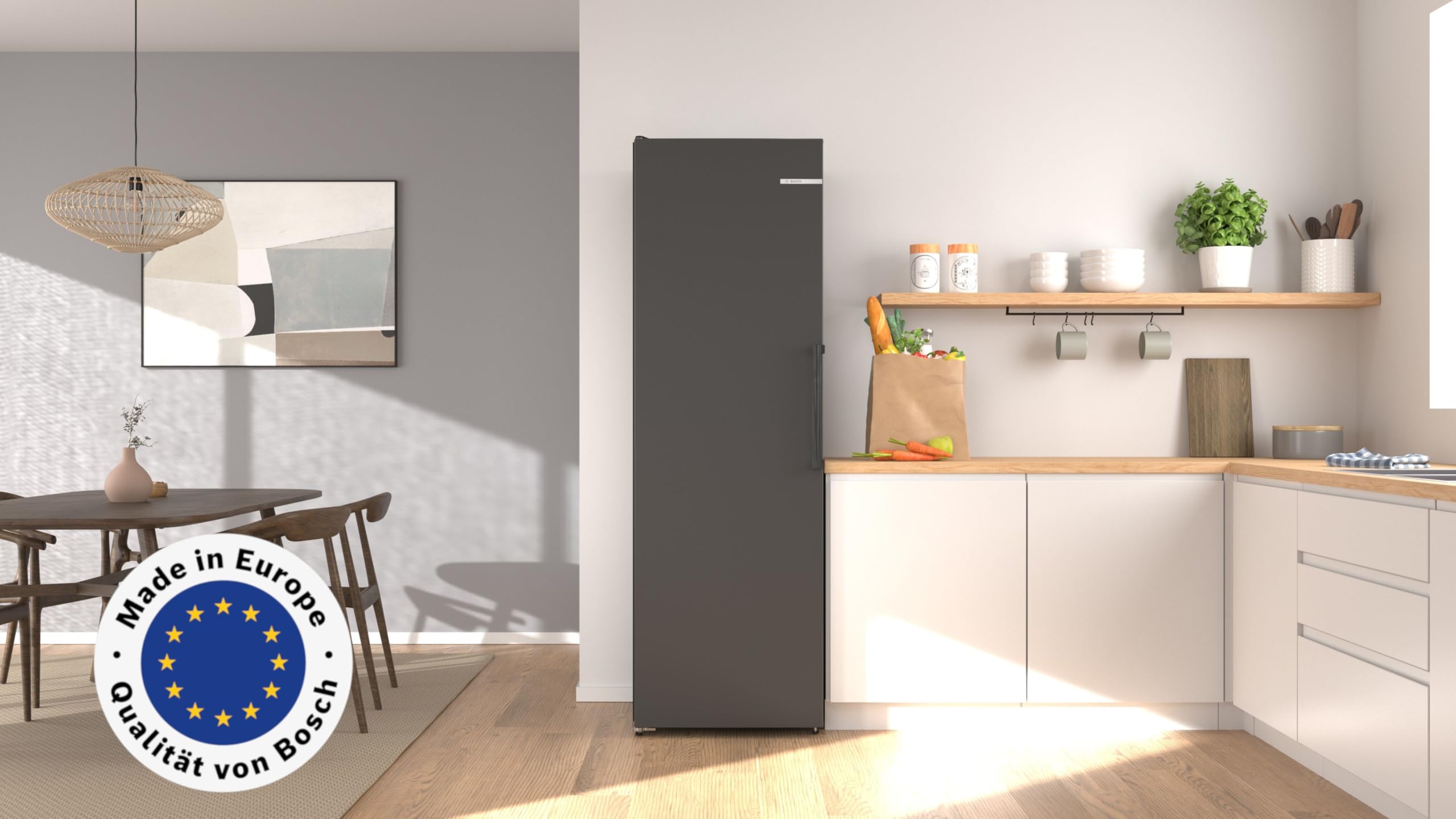 Bosch Serie 4 Smarter Freistehender Kühlschrank 186.2 x 59.5 cm KSN36VCCG | NoFrost nie wieder abtauen, 402 L Volumen, VitaFresh XXL 0 °C Zone für lange Frische, LED-Beleuchtung, MultiAirflow-System