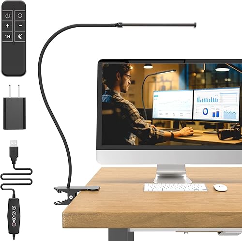 Lámpara de escritorio con control remoto, 3 colores, 5 brillos y 77 LED regulables, lámpara de lectura flexible de cuello de cisne de 27.6 pulgadas,