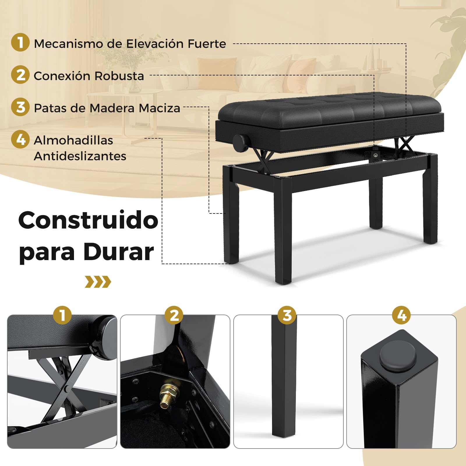 COSTWAY Banco de Piano Regulable con Almacenamiento, Banco Doble de Madera Robusta con Cojín Acolchado Impermeable de PU para Teclado, Taburete para Piano con Espacio para Partituras, Negro