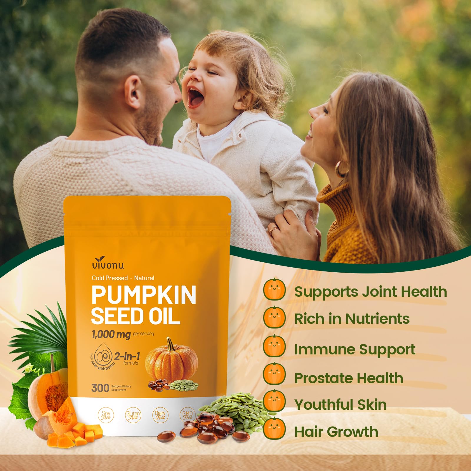 VivoNu Aceite de Semilla de Calabaza - Saw Palmetto & Pumpkin Seed oil - 1000 mg - apoya el crecimiento del cabello, apoya la salud de la próstata - 300 unidades - Libre de Soja, Sin Gluten y Sin OMG