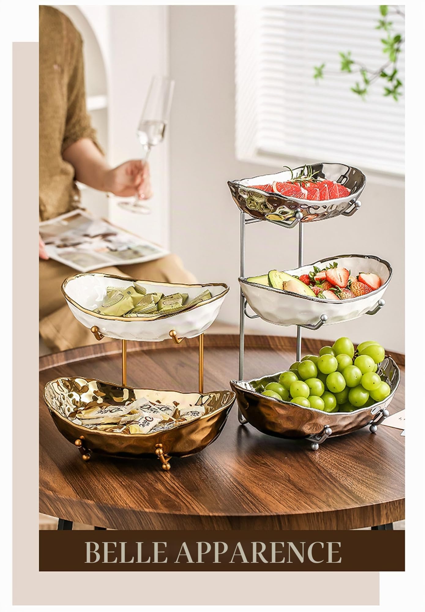 XUDREZ Bols à fruits en céramique à 3 niveaux avec support en métal, corbeille à fruits en céramique pour comptoir de cuisine, plateau de service ovale en céramique pour bonbons, collations, noix,