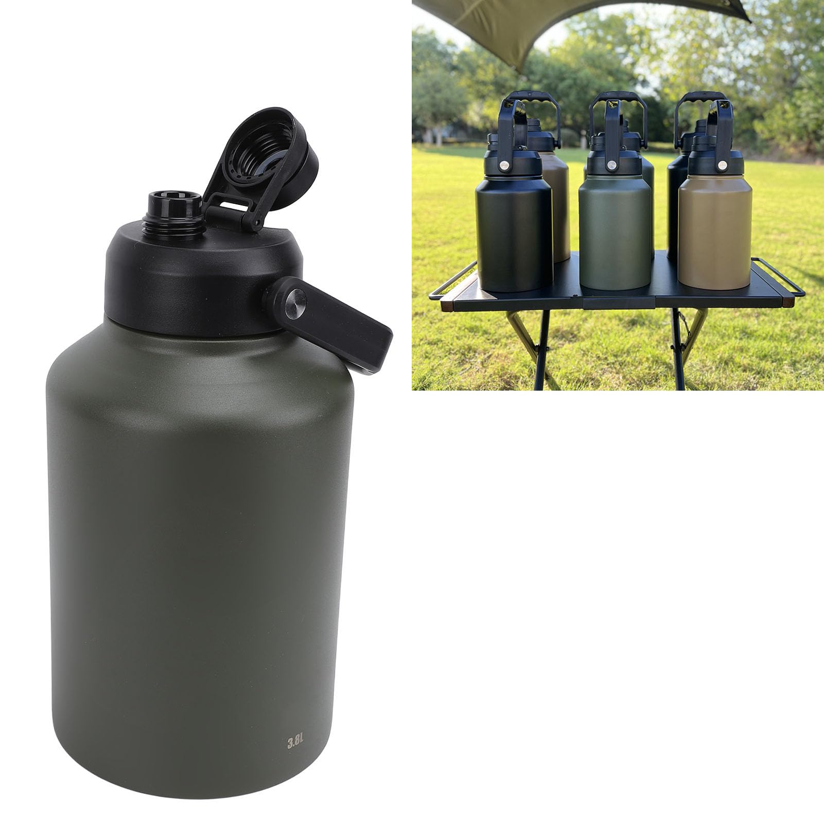 Edelstahl-Wasserflasche mit Großem Fassungsvermögen, 3,8 L, Vakuumisolierte Wasserflasche, Weithalsflasche mit Stabilem Griff und TPR-, Ideal für Fitnessstudio, Training, Camping (OD Grün)