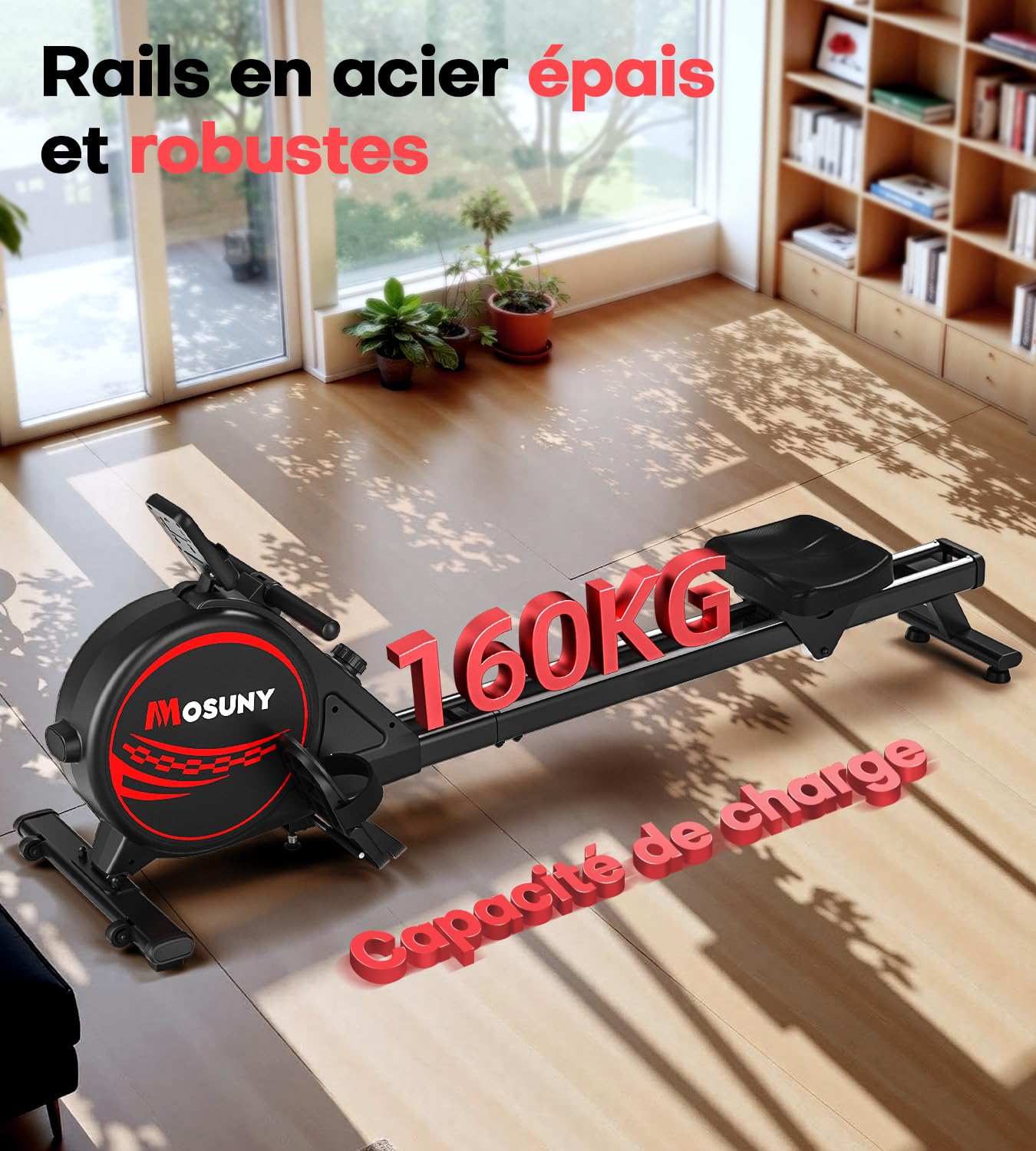 Rameur Musculation D'appartement, MOSUNY 16/32 Niveaux de Résistance Rameur Magnétique, Glissières Doubles améliorées, Ultra Silencieux, App-Compatible, Capacité de Poids jusqu'à 160/180 kg