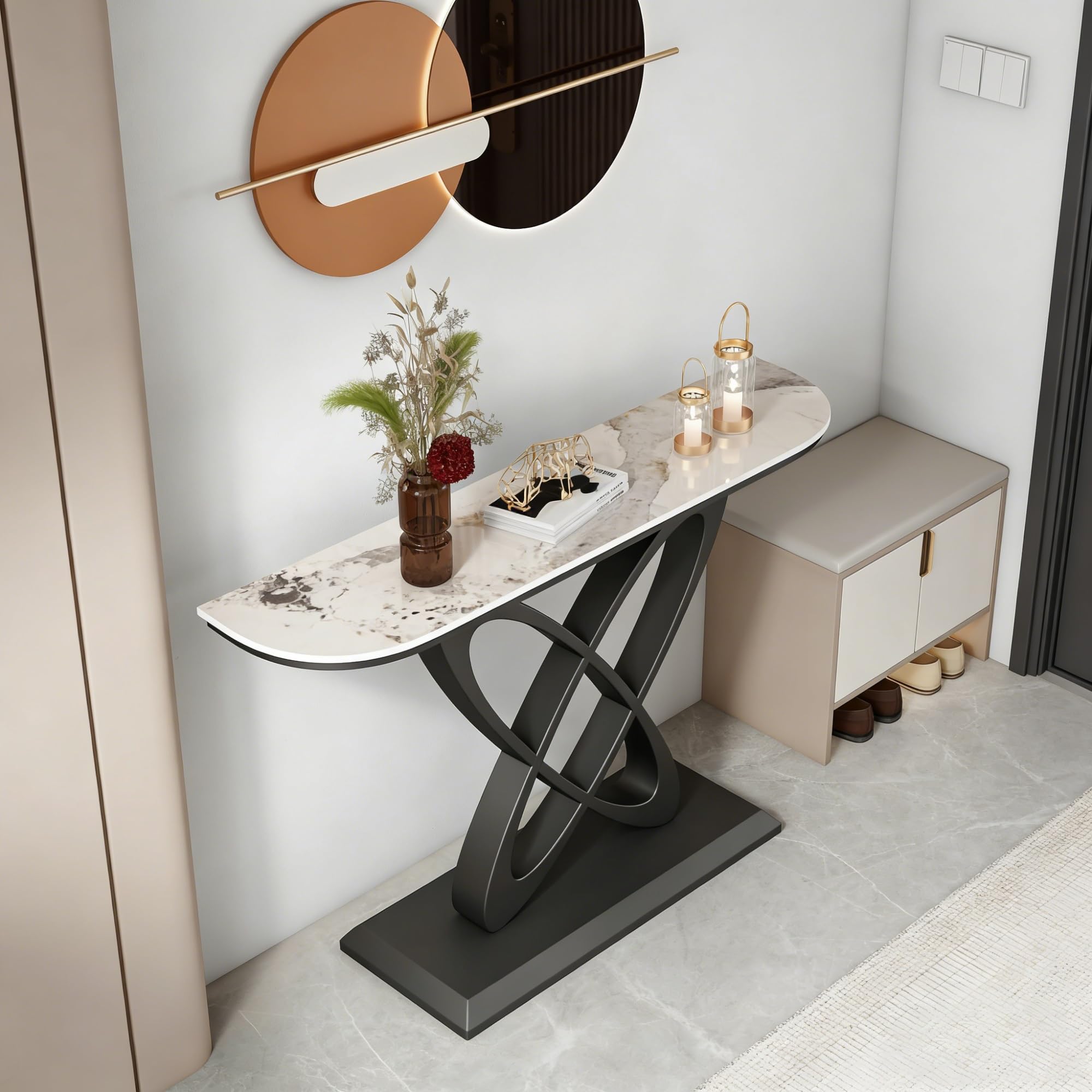 Modern Console Table 80cm Ultra-Narrow Stone Entryway Table With Metal Base Slim Sofa Table Behind Couch Luxury Porch Table & Hallway Accent Table For Entrance Living Room(J,59"/150CM)