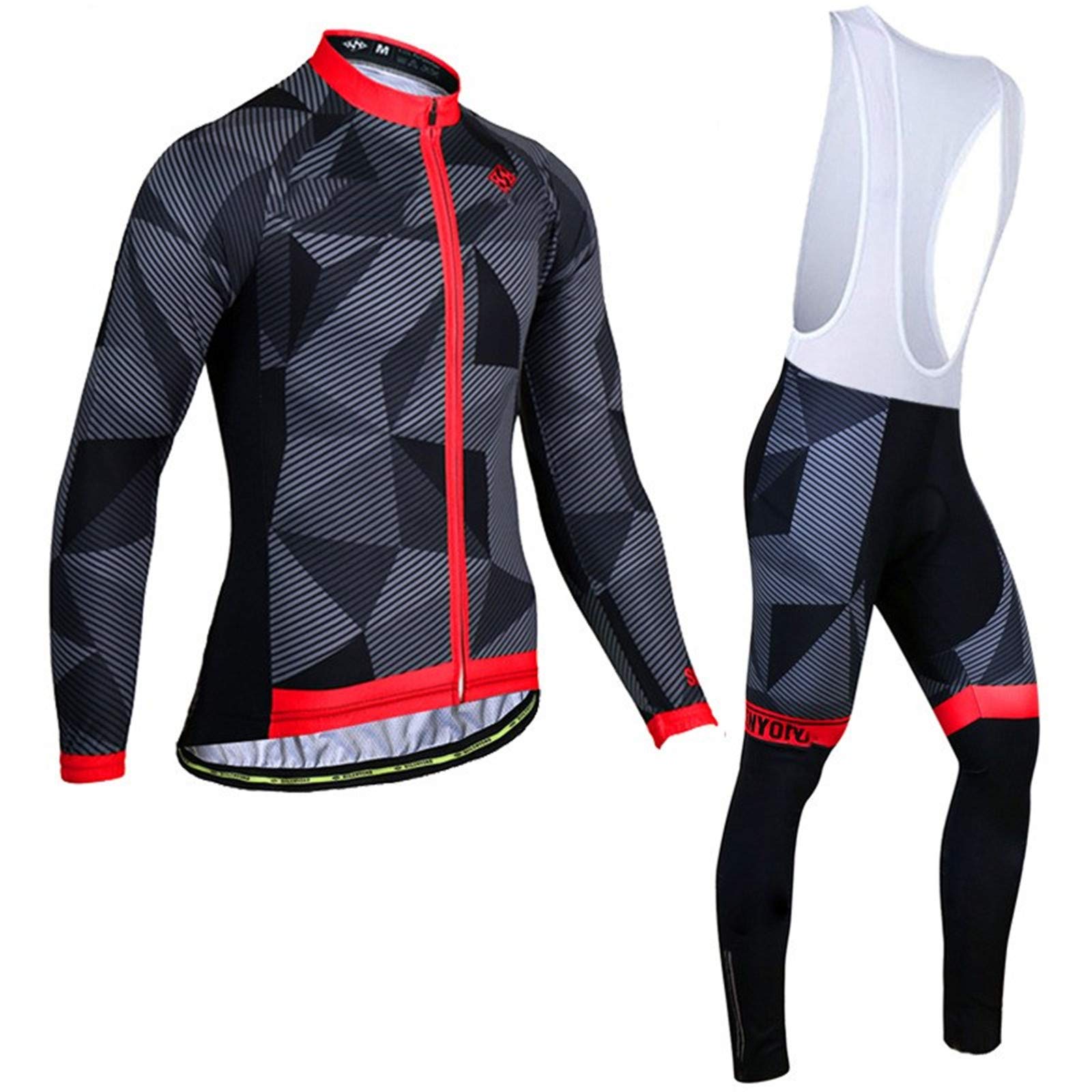 Męski strój rowerowy z długim rękawem odzież sportowa wiatroszczelna odzież rowerowa zestaw z termoaktywną polarową koszulką + spodnie wyściełane 3D (1, L)
