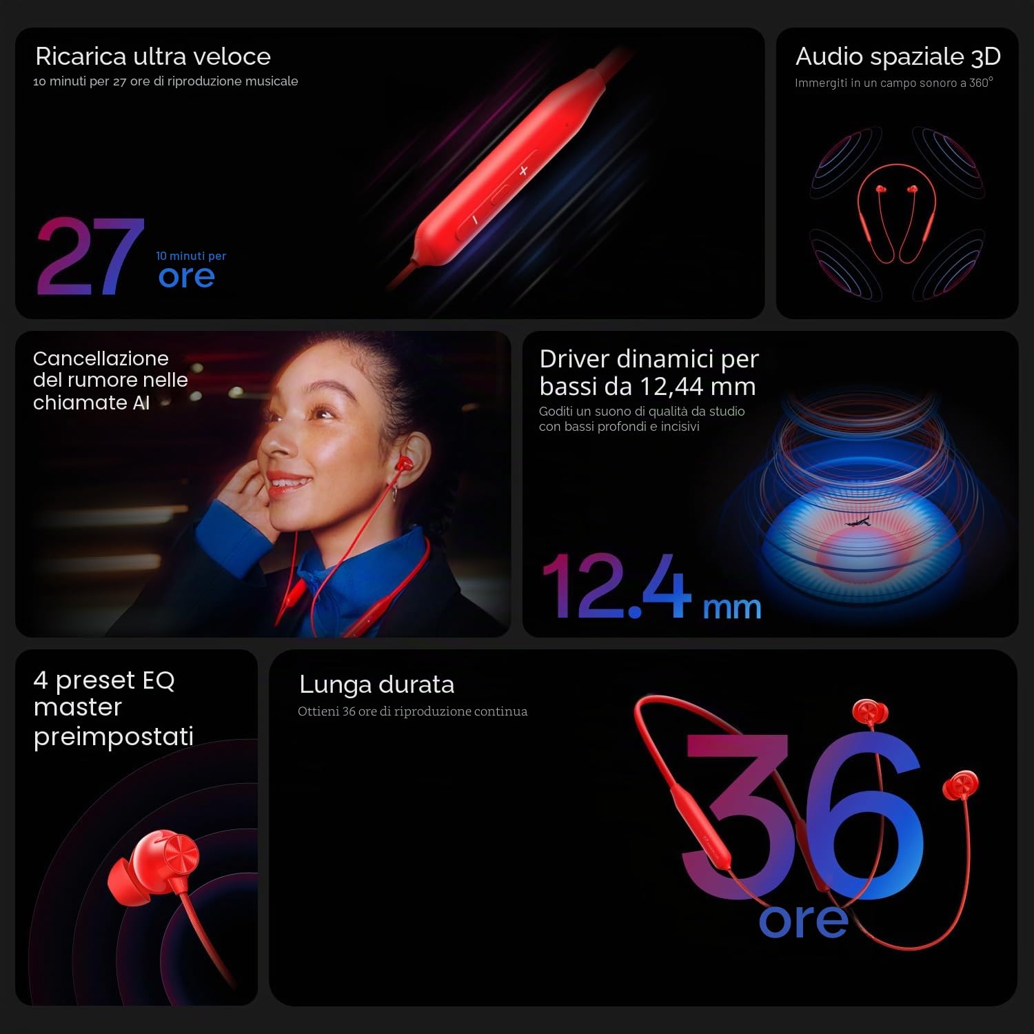 One Plus Bullets Wireless Z3 - Auricolari Bluetooth da 5", audio spaziale, driver da 12,4 mm, durata della batteria 36 ore (Mambo Midnight)