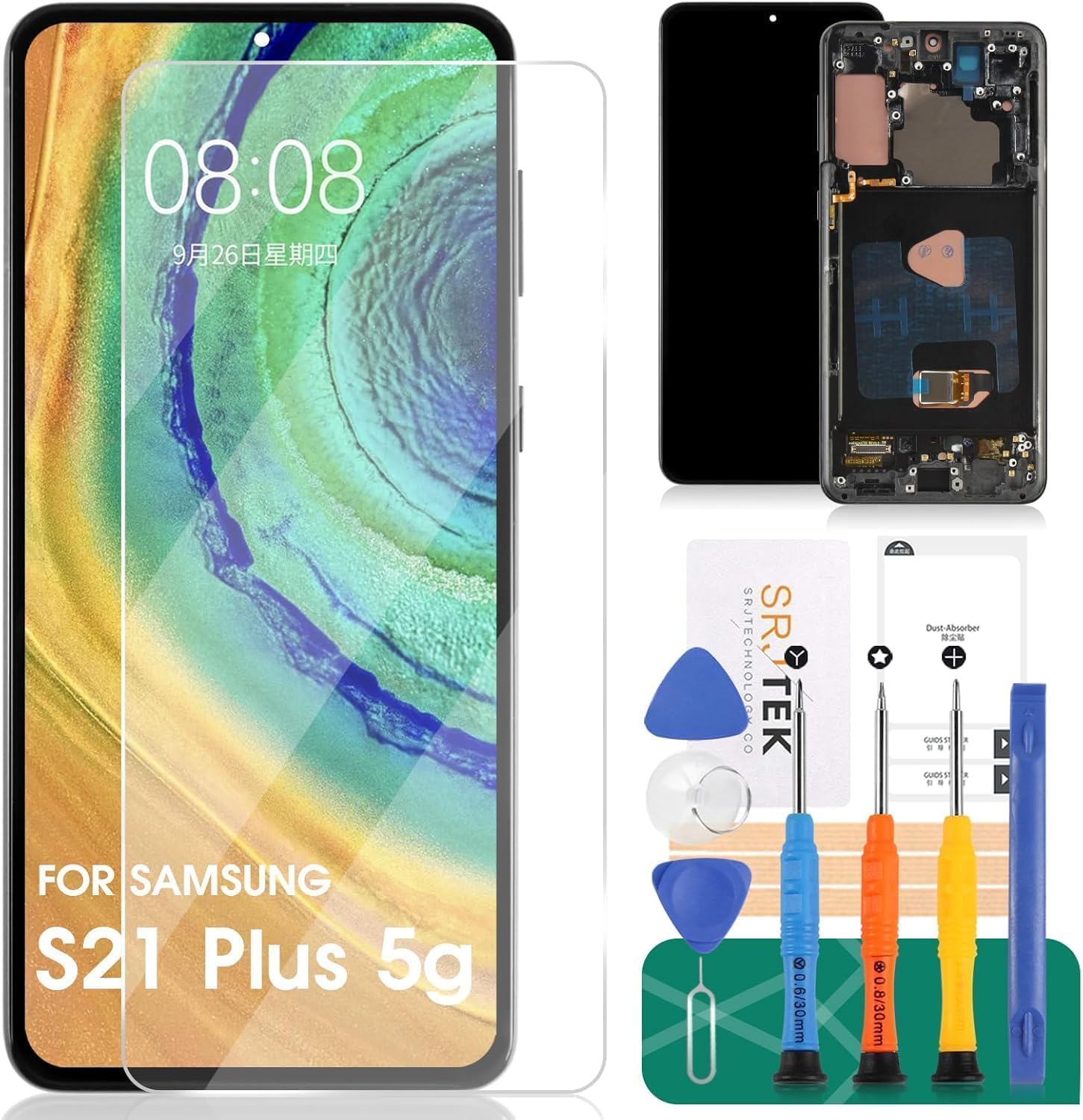 OLED for Samsung S21+ 5G LCD Screen Replacement for Galaxy S21 Plus 5g LCD Display SM-G996B SM-G996U 5G Digitizer Touch Screen Assembly Repair Part Black(with Frame,Fingerprint Function)