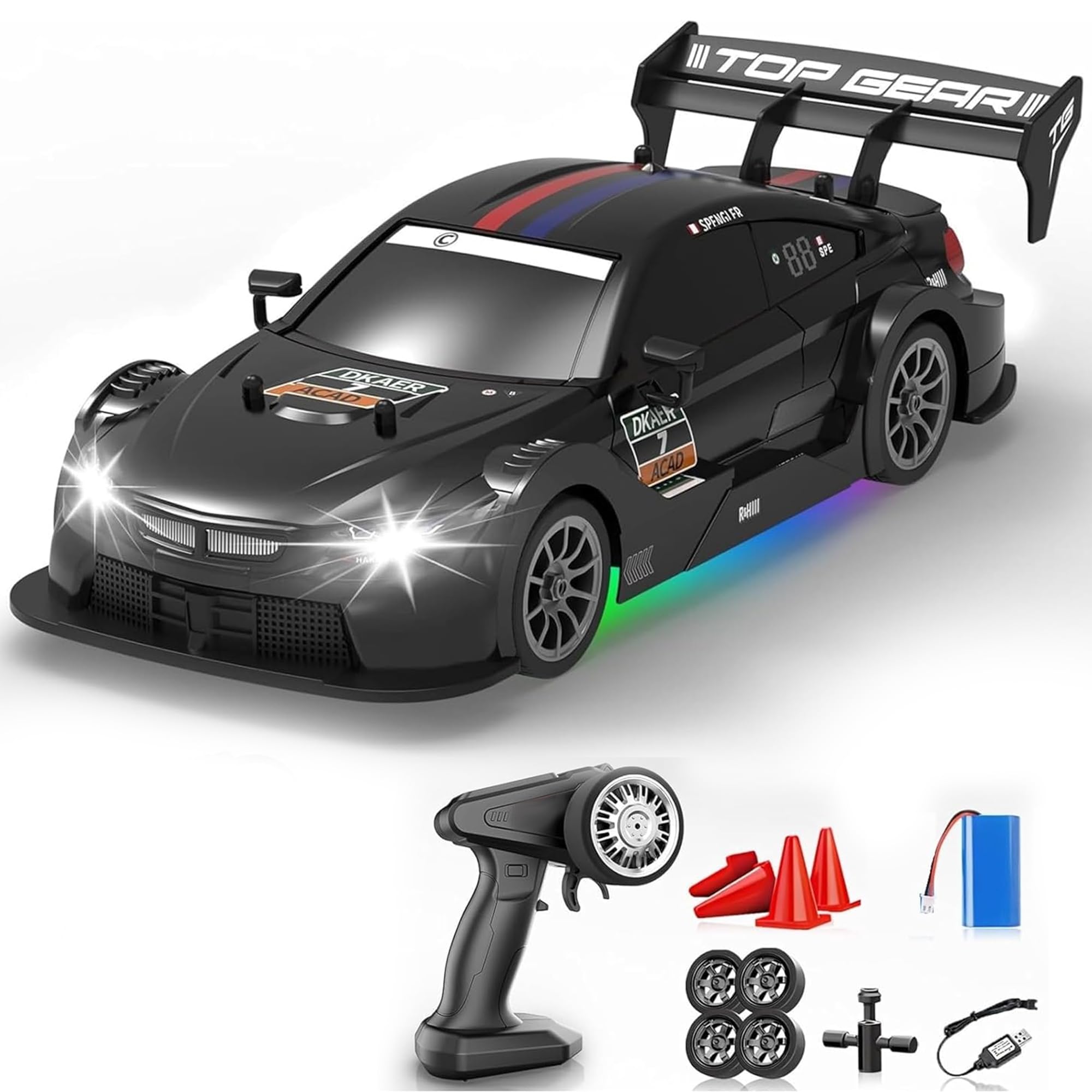 Zivvy Big Remote Control Car Black | 2.4G Rechargeable Remote Control Car with 100m Range | Smoke Effect, LED Lights & Music | High-Speed Drift Toy | Best Gift for Boys & Girls 2 3 4 5 6 7 8+ Years
