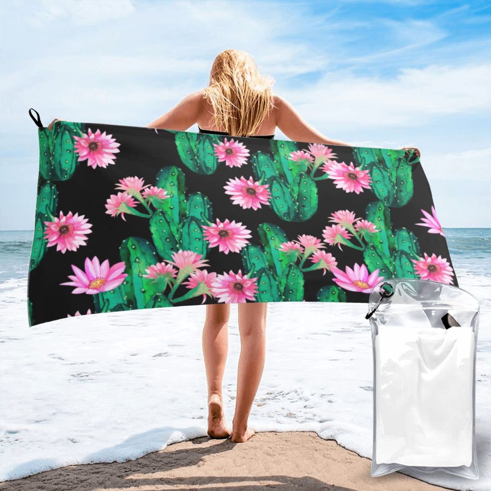Lawenp Flowering Cactus Microfiber Beach Towel Adults Large Quick Drying Bath Towel Travel Towels with Pouch 27.5"x55"