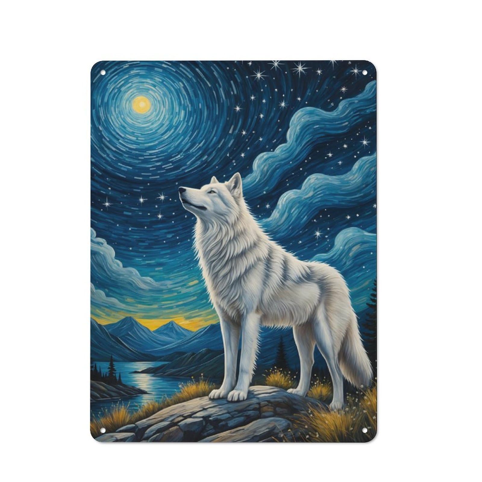 Arctic Wolf Starry Night Metal Gift Sign 40x30cm, Vintage Home Wall Decor for Home, Shop, Pub Or Studio Wall
