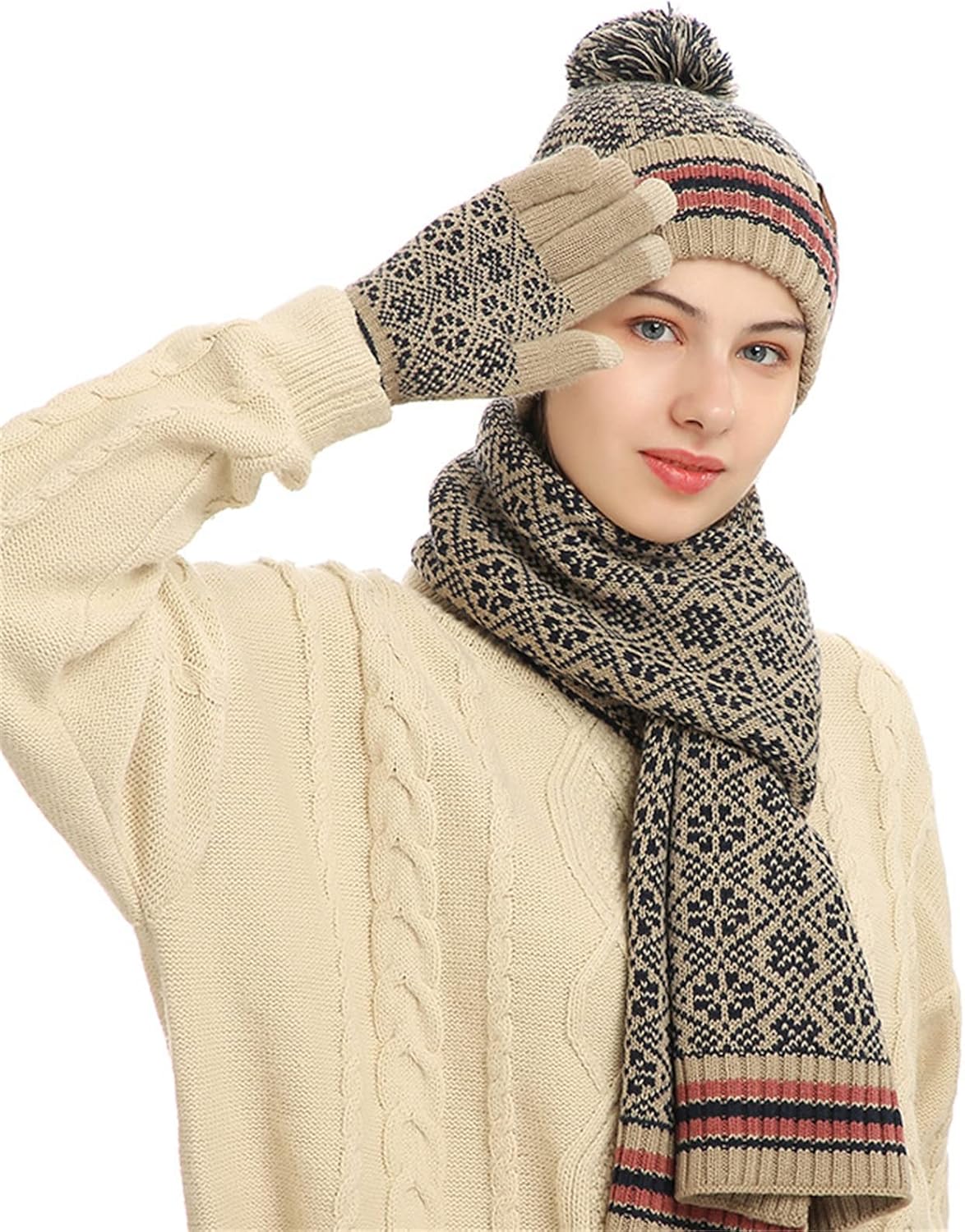 Winter Hat Scarf Gloves Set 3pcs Winter Thickened Knitted Scarf Warm Hat Gloves for Cold Weather Women Men