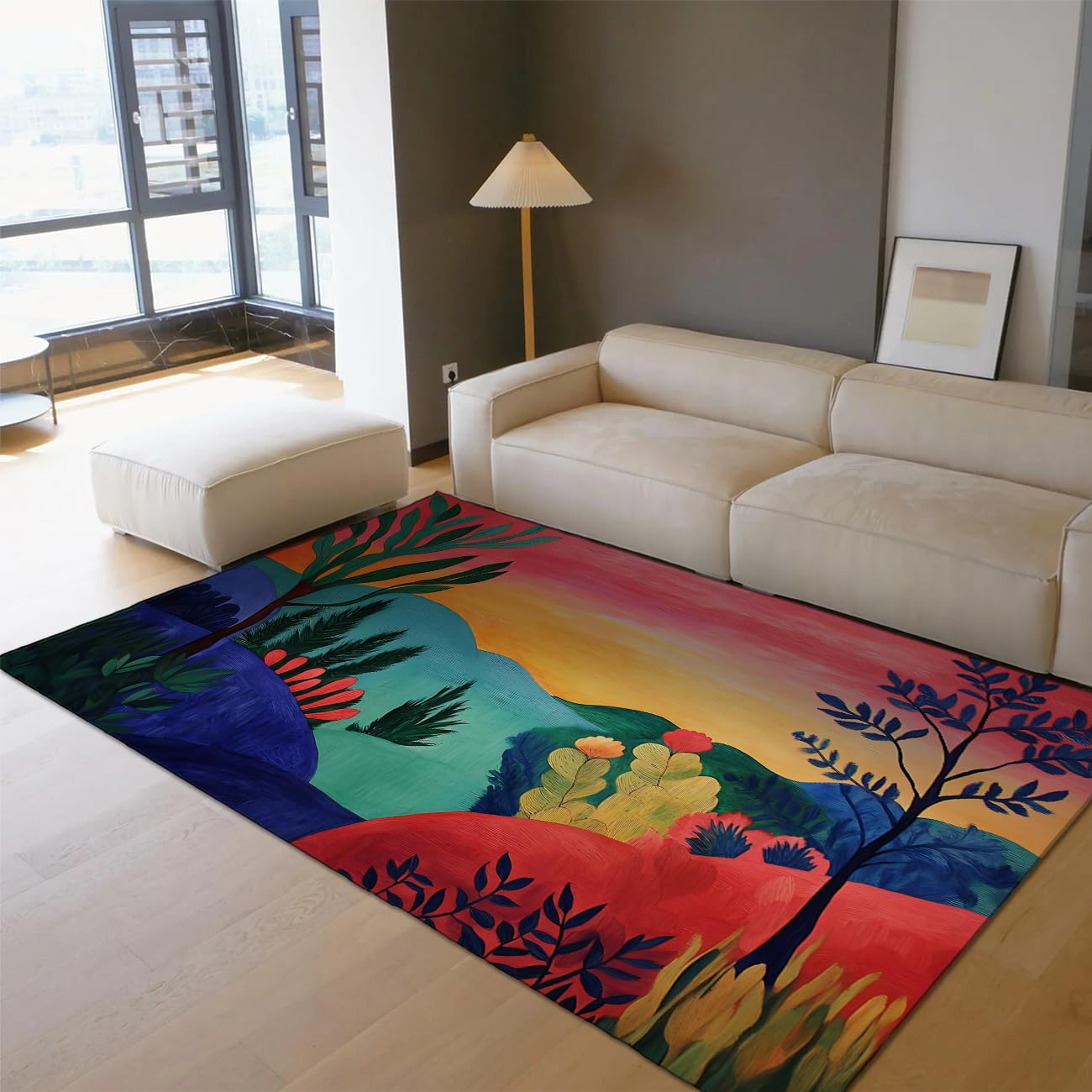 Tapis 180x240cm lavable à motif collines cartoon coloré pour salon et chambre enfant