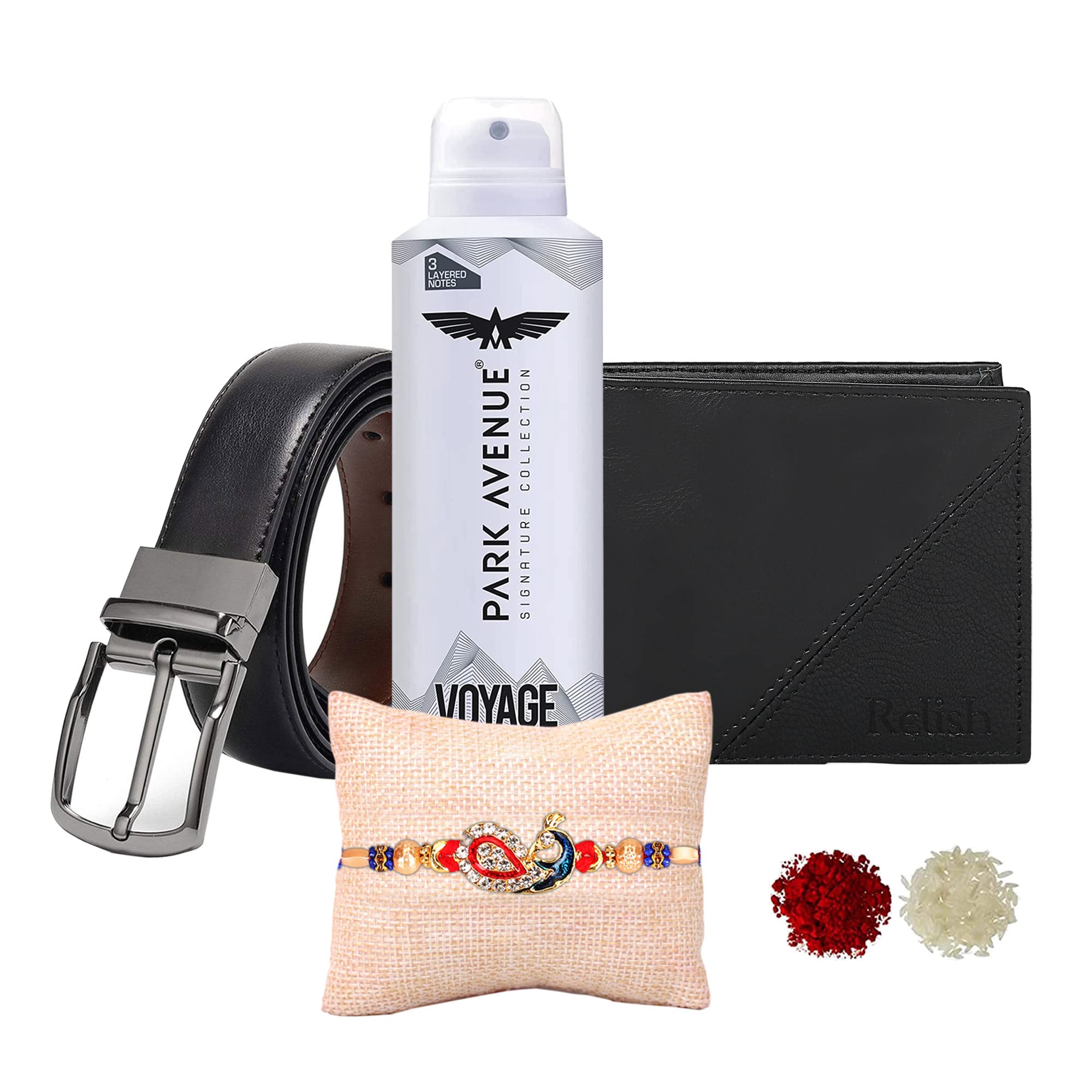 Inacrafts Hub Fancy Designer Rakhi, Relish Reversible Belts, PU Leather Wallet, Mens Deodorant Combo Pack (Black) for Brother | Rakshabandhan gift for Bhaiya with Roli, Chawal-image-15