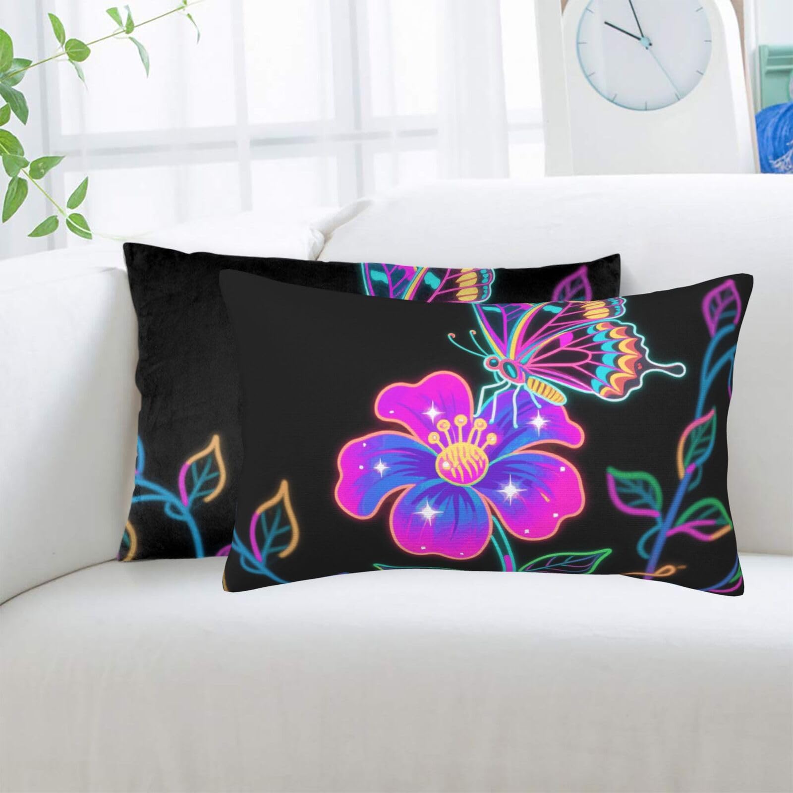 2 Pack Standard Pillowcases Sets, Ultra Soft Comfort Microfiber Plush Pillow Cases Neon Butterfly Decorative Throw Pillow Cover with Hidden Zipper for Bedroom, Sofa, Couch,16"X24"