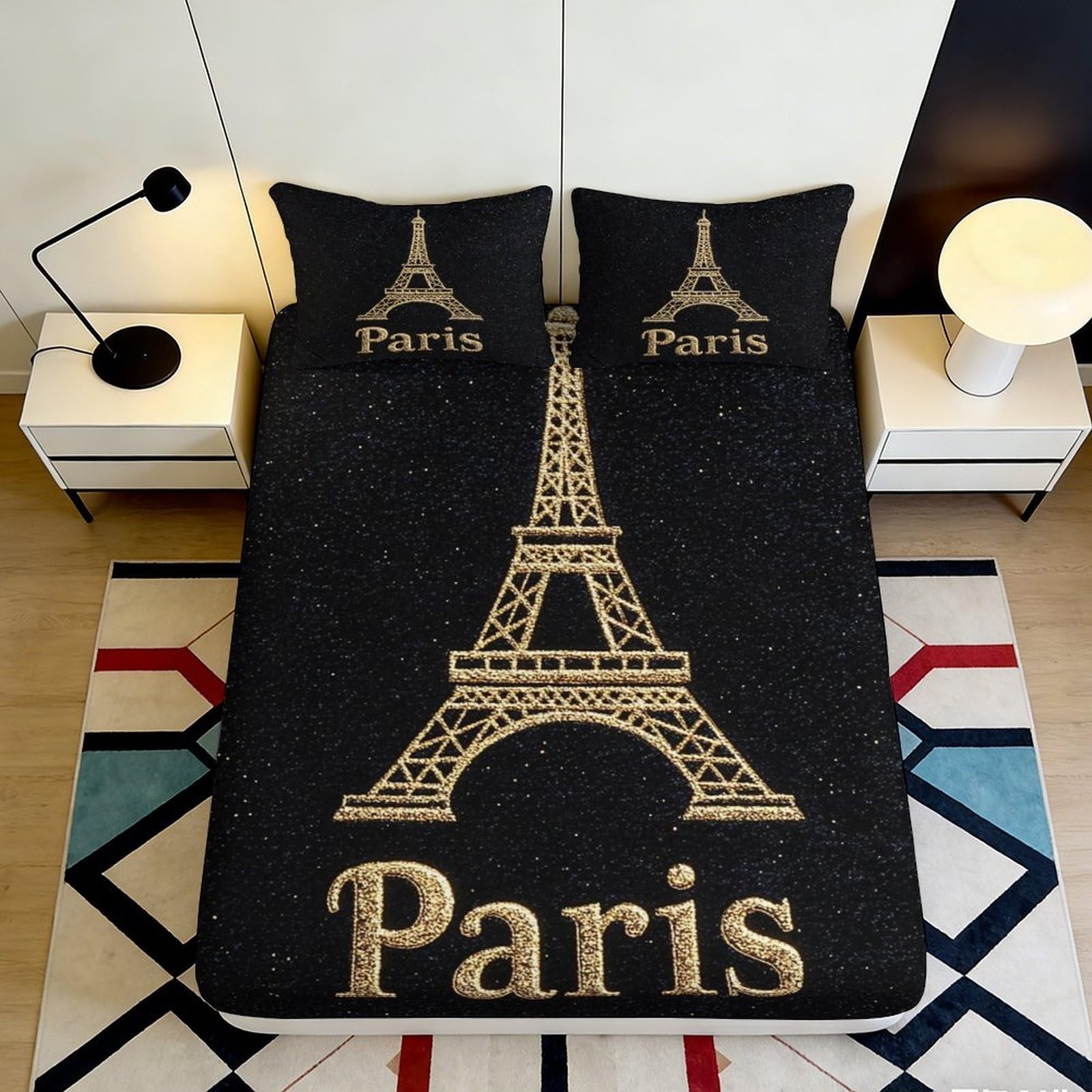 3D Printed Eiffel Tower Paris Fitted Sheet Microfiber Black Gold Bed Cover Bedroom Decor Mattress Protection 160x200x25cm