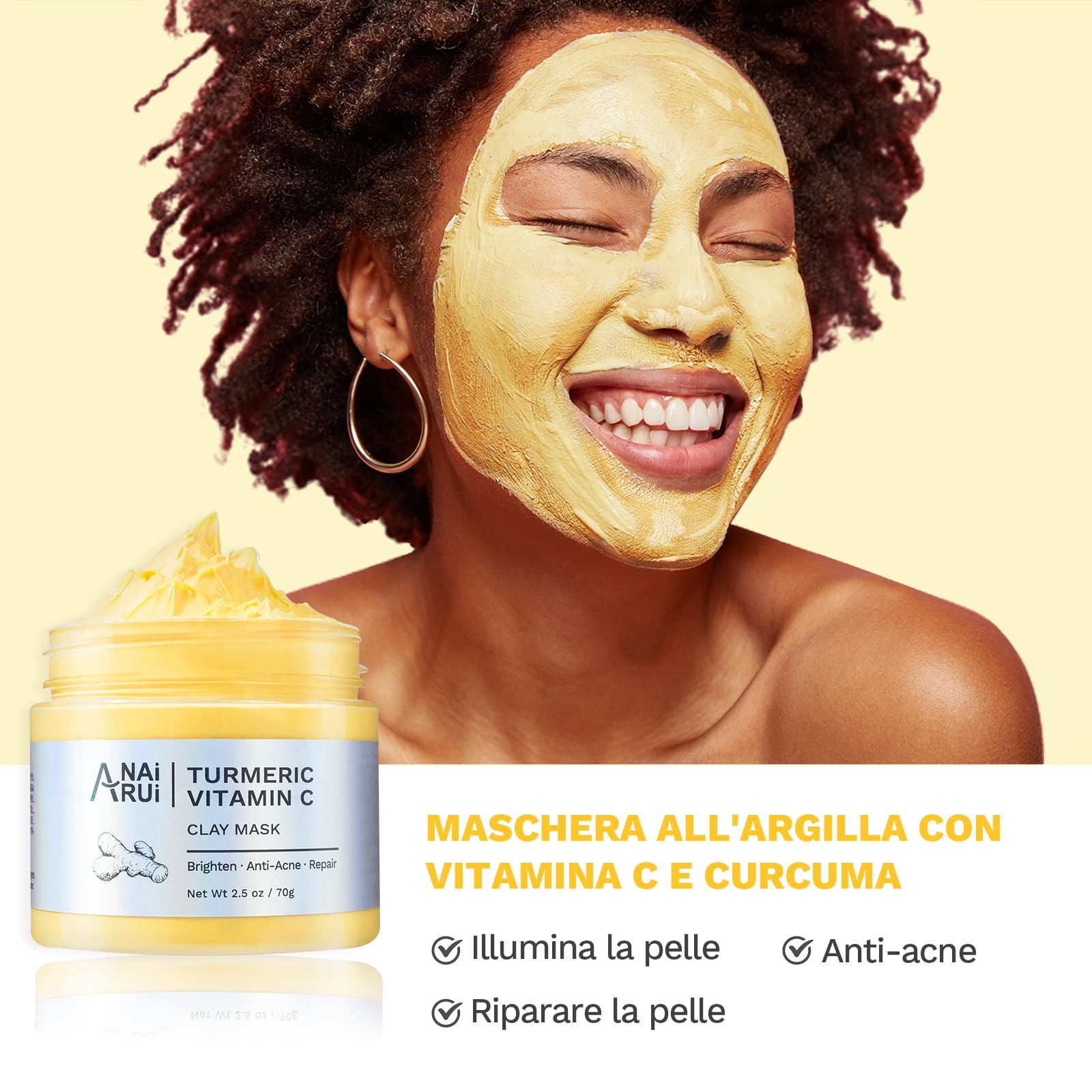 ANAiRUi Maschera Viso Curcuma Vitamina C - Maschera Argilla Viso Rosa - Maschera Fango e Tè Verde Avocado, Rimozione Punti Neri e Pori Dilatati, Pulizia Viso, Purificante e Idratante, 210g