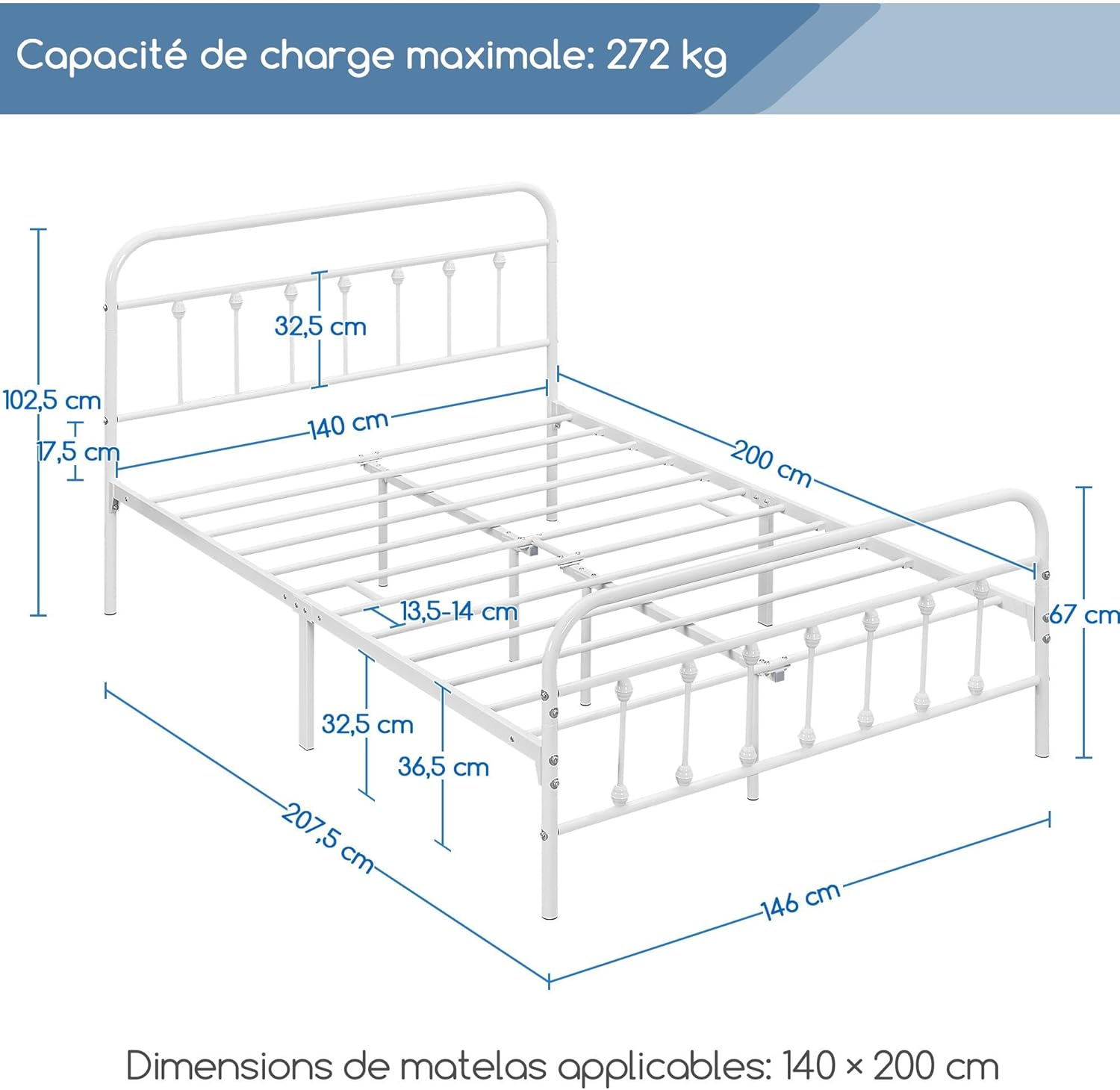 Dimensional diagram of the Yaheetech Metal Bed Frame, showing overall dimensions and ground clearance