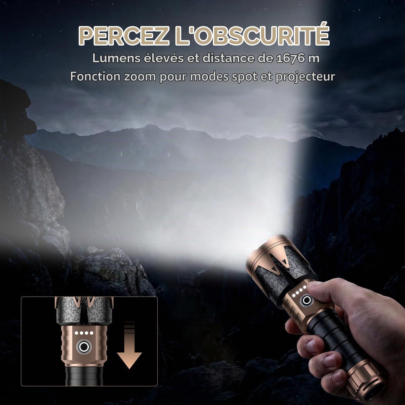 SKYFIRE Lampe Torche Rechargeable LED Ultra Puissante, 80000 Lumen avec Allume-Feu, Lampe de Poche Zoomable 6 Modes, 5000mAh USB-C IPX6 Étanche pour Camping Randonnée Cadeau Homme