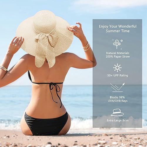 Miniatura 6 de Sombreros de playa para mujer, sombrero de paja flexible, protección UV, sombreros de vacaciones plegables de ala ancha, sombreros de viaje plegables
