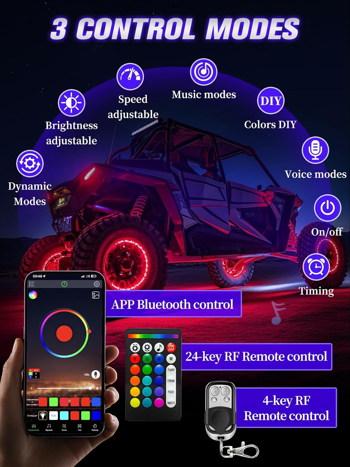 4 Pods RGB LED Rock Lights with APP/RF Remote Control High Brights Waterproof Underglow Multicolor Zone Neon Exterior Rock Lights for 12V Trucks Jeep UTV ATV RZR Offroad Pickup SUV Accessory