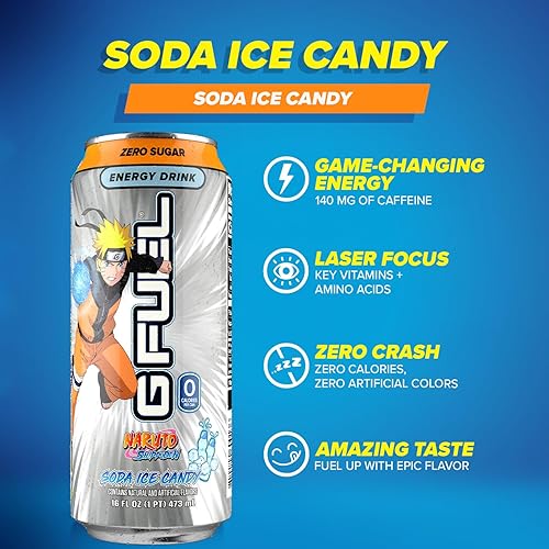 Miniatura 3 de G Fuel Soda Ice Candy - Bebida energética saborizada - Inspirada en Naruto Shippuden, lata de 16 onzas, paquete de 12 unidades