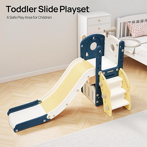 Miniatura 2 de Juego de tobogán para niños pequeños, 3 en 1 para interiores con aro de baloncesto y telescopio, cúpula escaladora para niños de 1 año