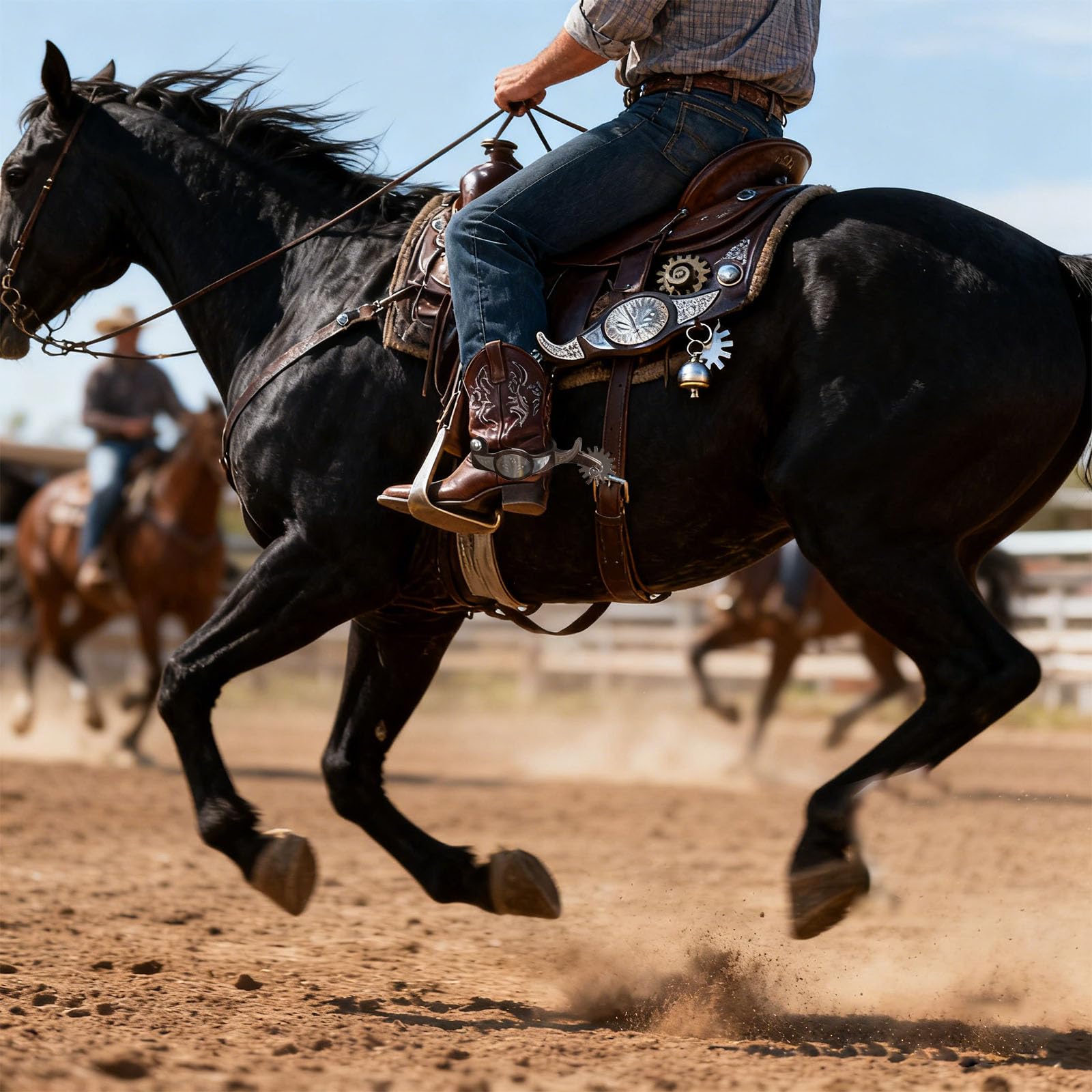 Éperon occidental en acier inoxydable avec des caractéristiques exquises sculptées à la main et rotatives pour un guidage doux du cheval. Éperon en acier inoxydable