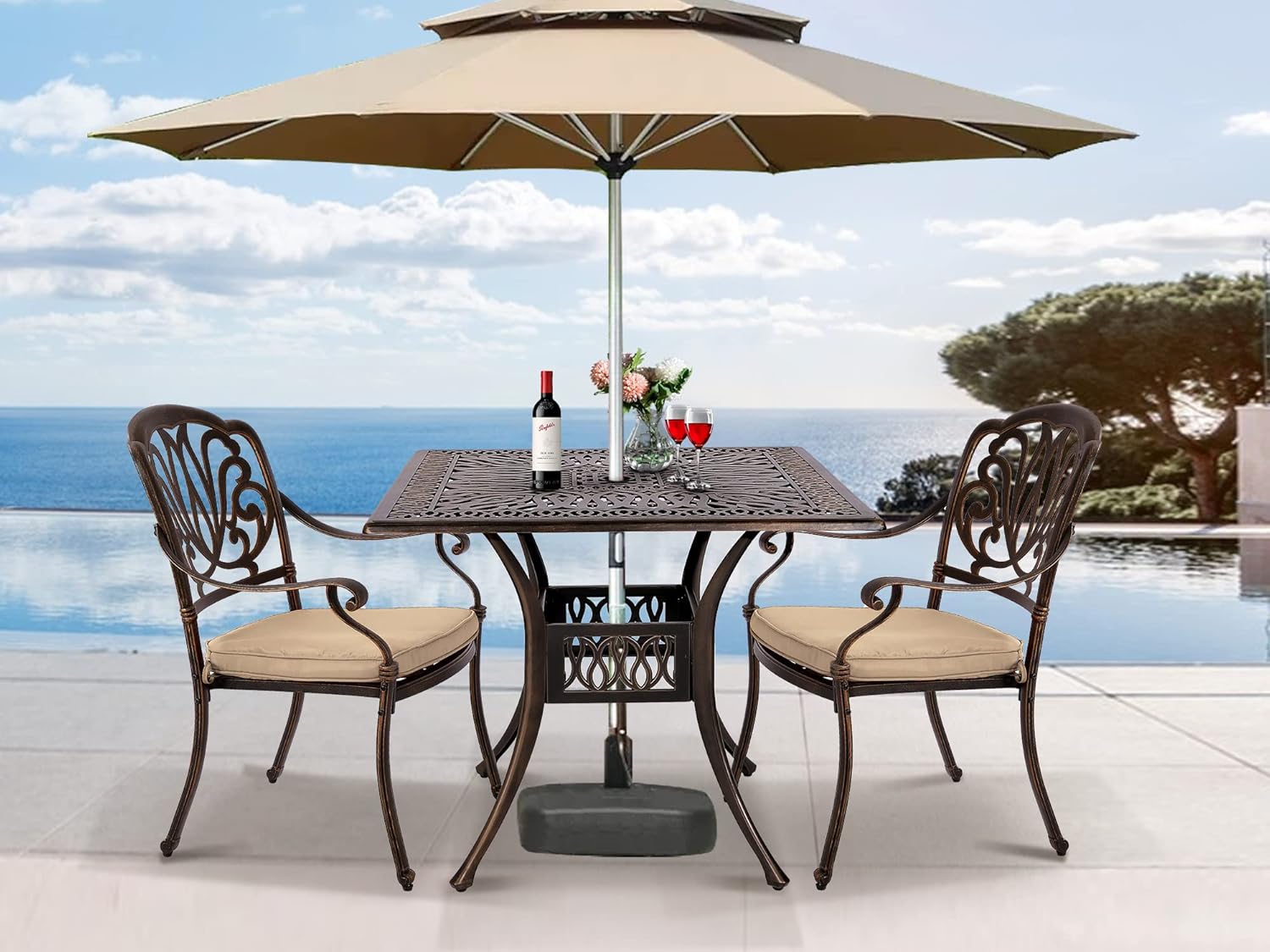 Grepatio 3 Piece Bistro Set Outdoor Cast Aluminum Patio Dining Set Table and Chairs Outside Bistro Furniture Set 2 Chairs and Umbrella Table for Lawn Garden (Khaki)