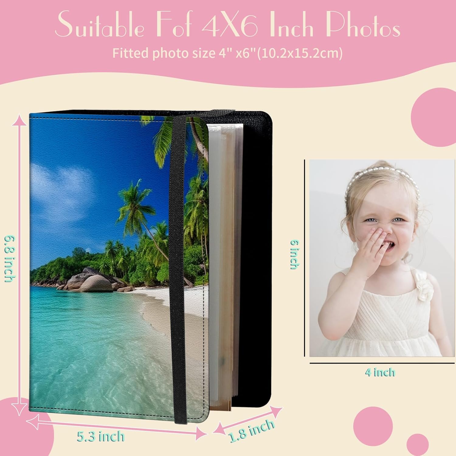 Photo Album 4x6 Photos - 60 Photos Capacity PU Leather Cover Photo Album with Strong Elastic Band, Portable Picture Album for Family Wedding Wedding Anniversary, Palm Trees Beach - Image 2