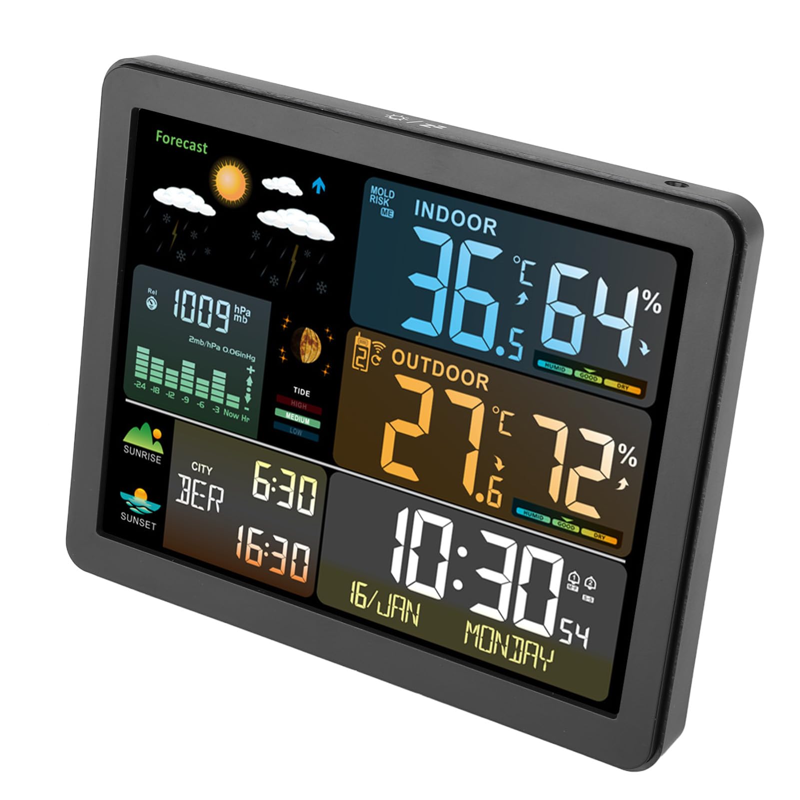 Funkwetterstation, Digitale Wetterstation mit Temperatur, Luftfeuchtigkeit, Wettervorhersage, Uhr, Drucktendenz und Dualalarm für den Innen- und Außenbereich