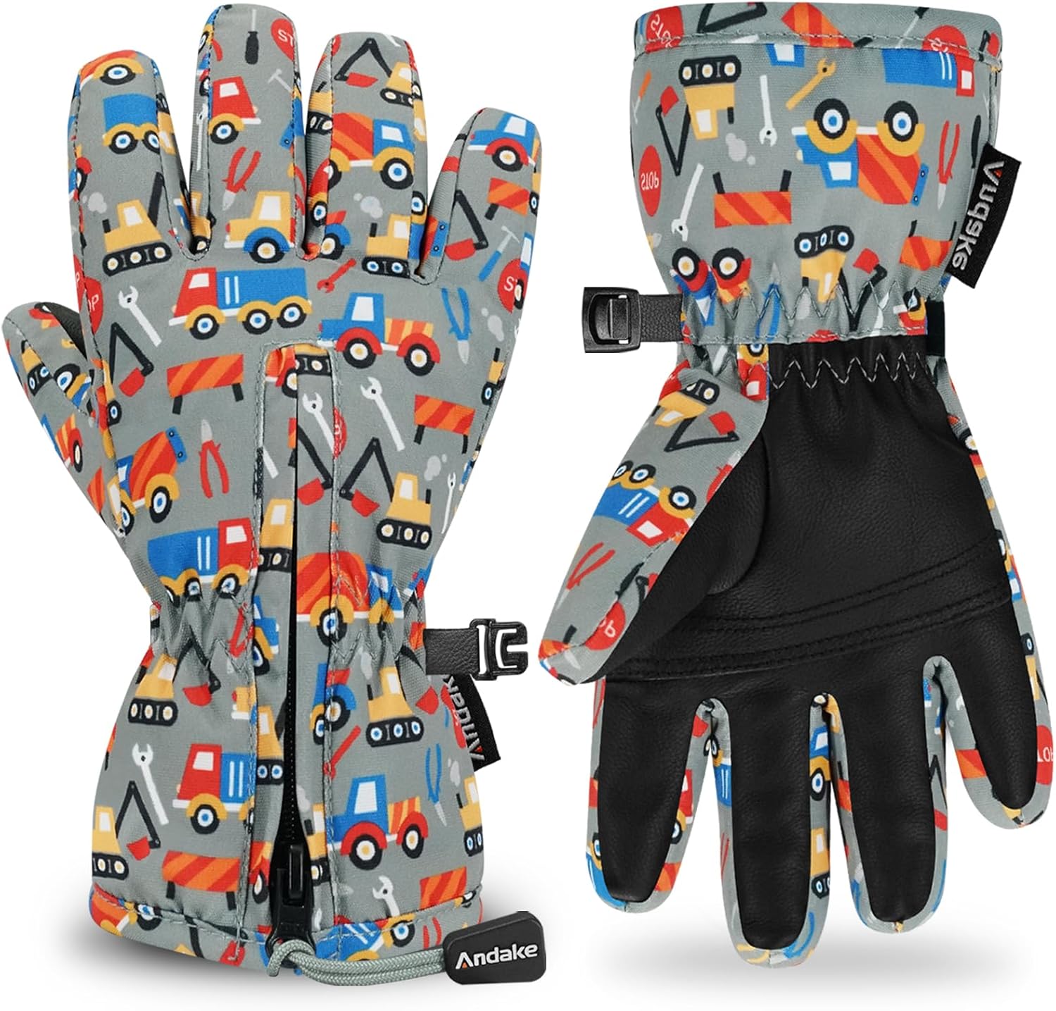 Andake Winter Ski Snow Gloves for Kids 2-14 - Waterproof Thermal Mittens for Boys Girls with Anti-Loss Wrist Strap, Windproof Cold Protection & Cute Printing Design Toddler Snow Gloves