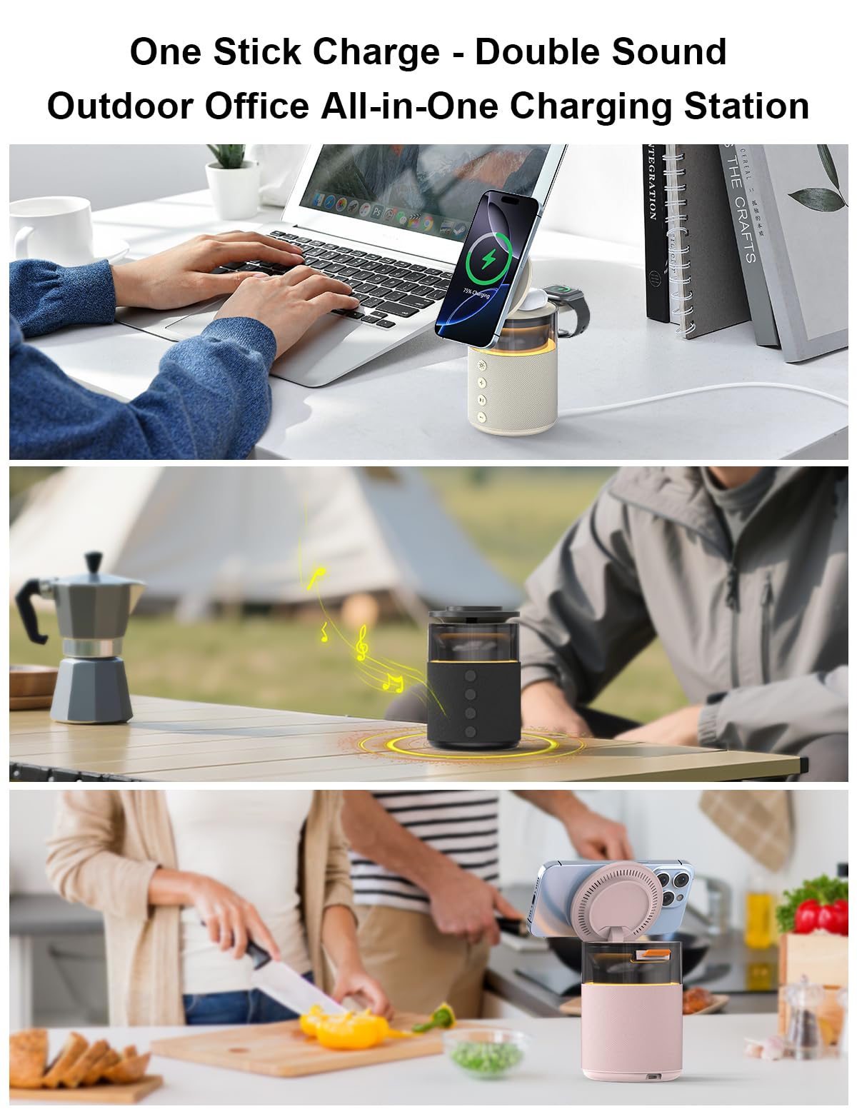 3-in-1 Bluetooth-Lautsprecher mit Nachtlicht und kabellosem Ladegerät, dimmbare Nachttischlampe mit Induktionsladestation – Kompatibel mit iPhone 17/16/15/14/13/12 Pro Max